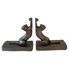 Vintage Art Deco Bronze Stretching Cat Bookends by Frank Sarsaparilla