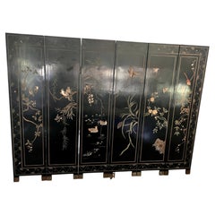 Six-Panel Wooden Black Lacquer Chinese Screen