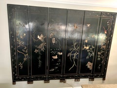 Six-Panel Wooden Black Lacquer Chinese Screen