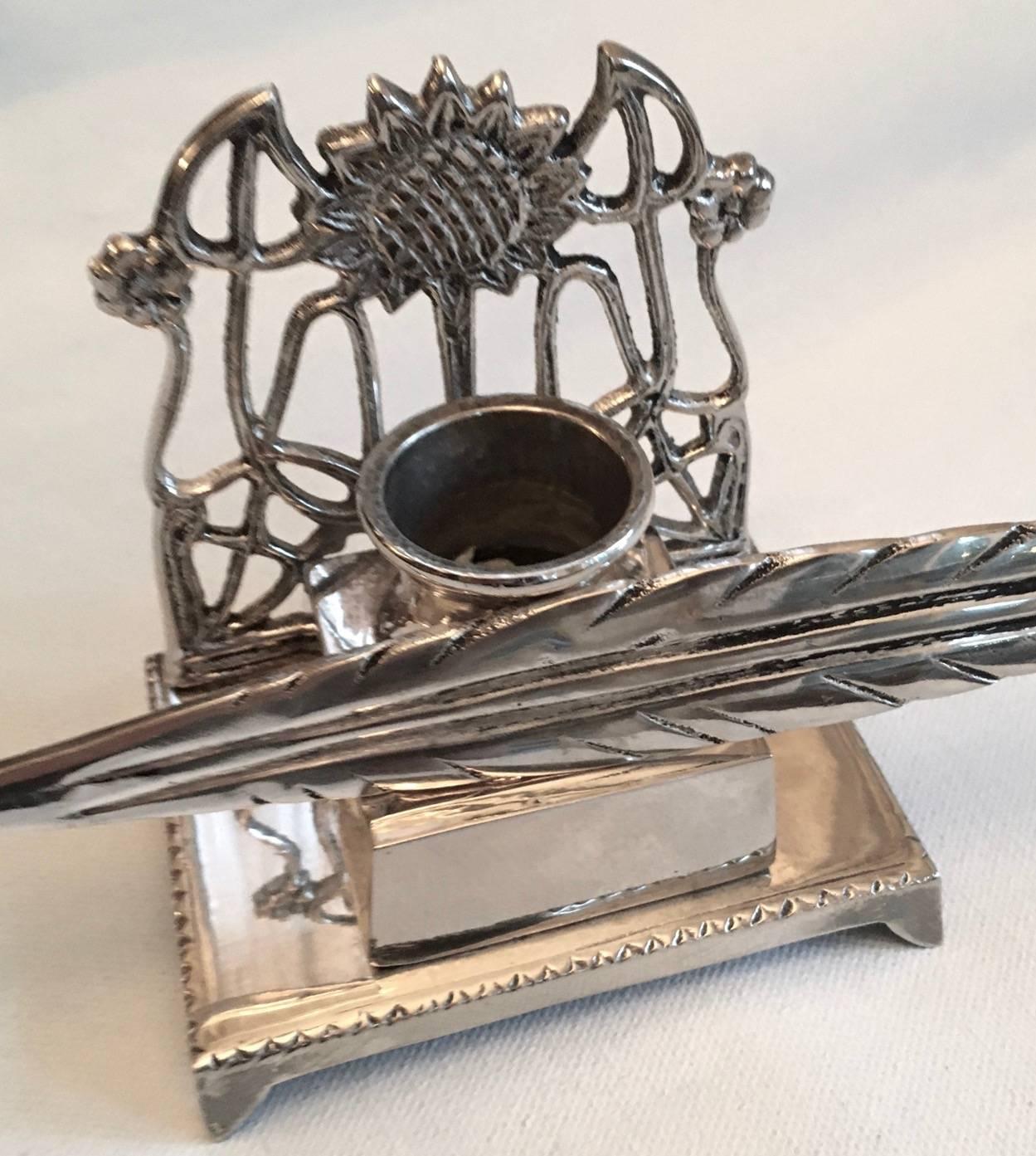 French Art Nouveau Silver Plate Ink Well with Silver Feather Quill ...