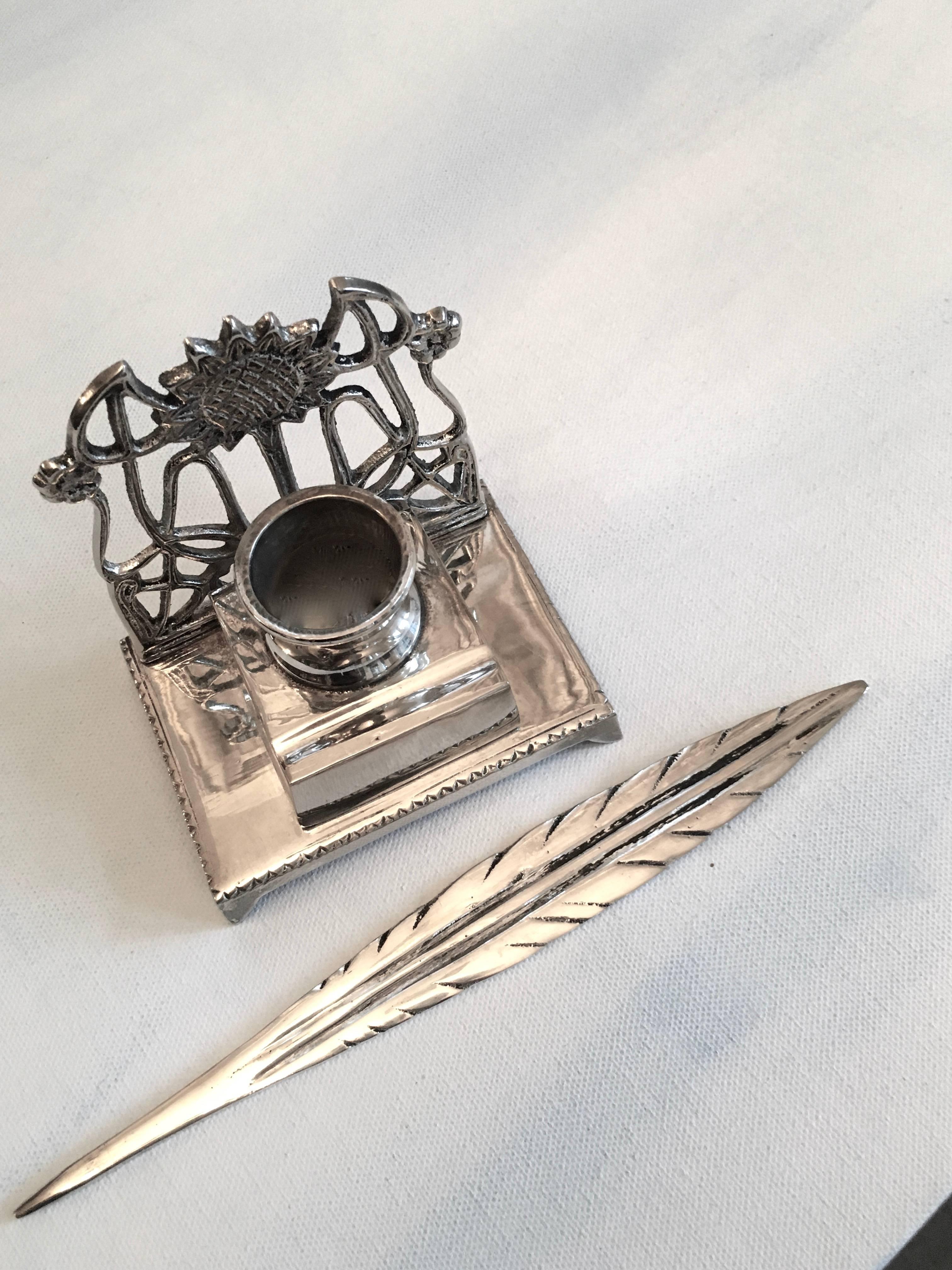 French Art Nouveau Silver Plate Ink Well with Silver Feather Quill Letter Opener 5