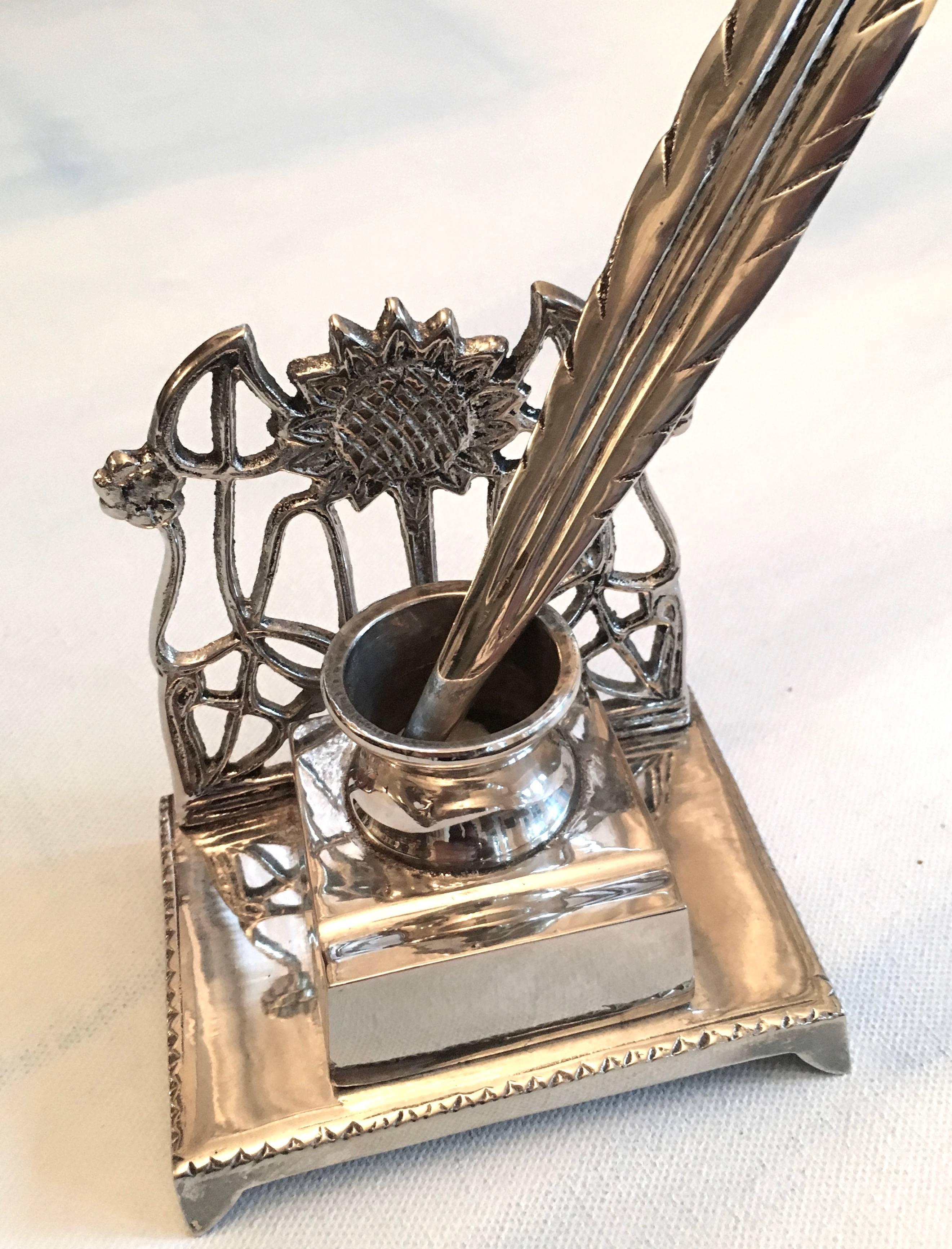 French Art Nouveau Silver Plate Ink Well with Silver Feather Quill Letter Opener 4