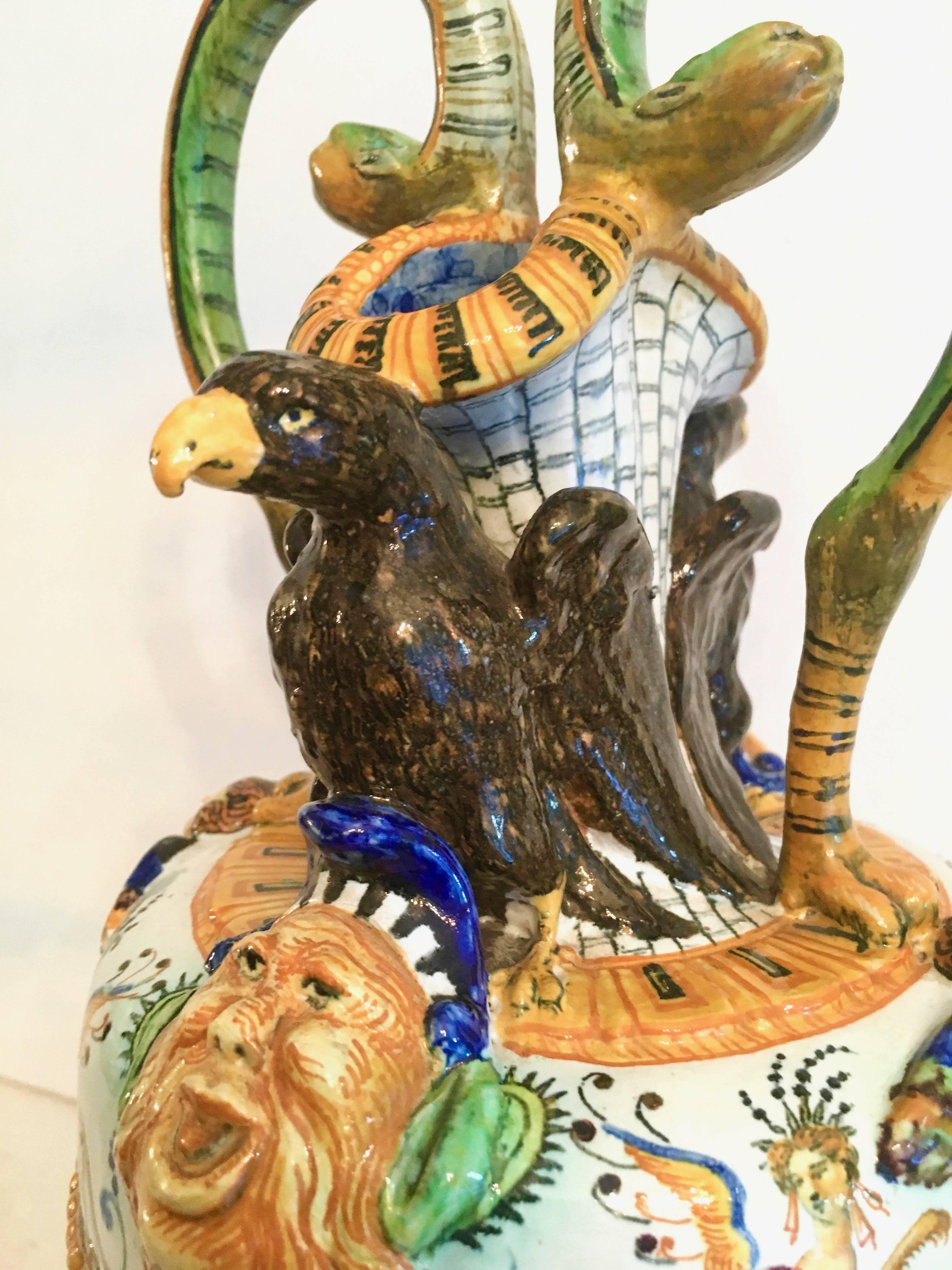 Renaissance Exceptional Majolica Urn Vase with Serpent Handles and Mythological Figures For Sale