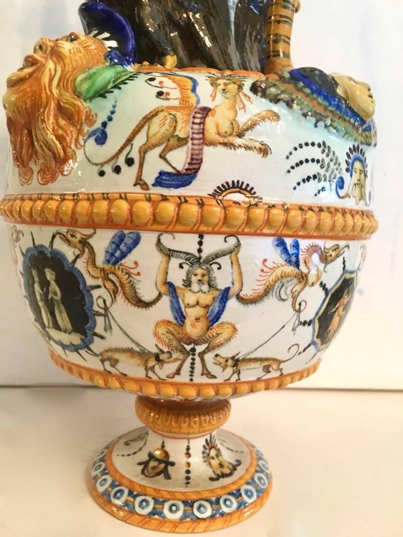 French Exceptional Majolica Urn Vase with Serpent Handles and Mythological Figures For Sale