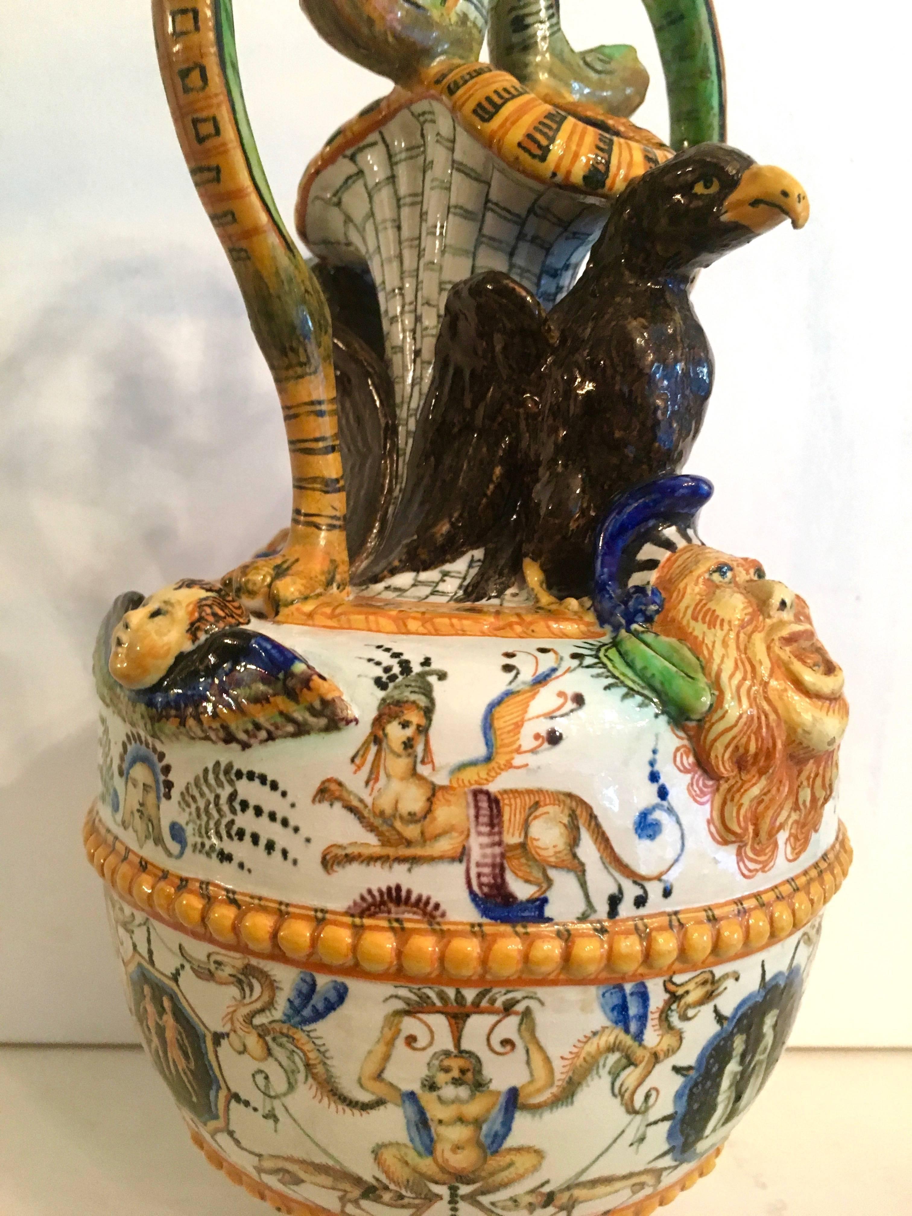 Exceptional Majolica Urn Vase with Serpent Handles and Mythological Figures In Good Condition For Sale In Los Angeles, CA