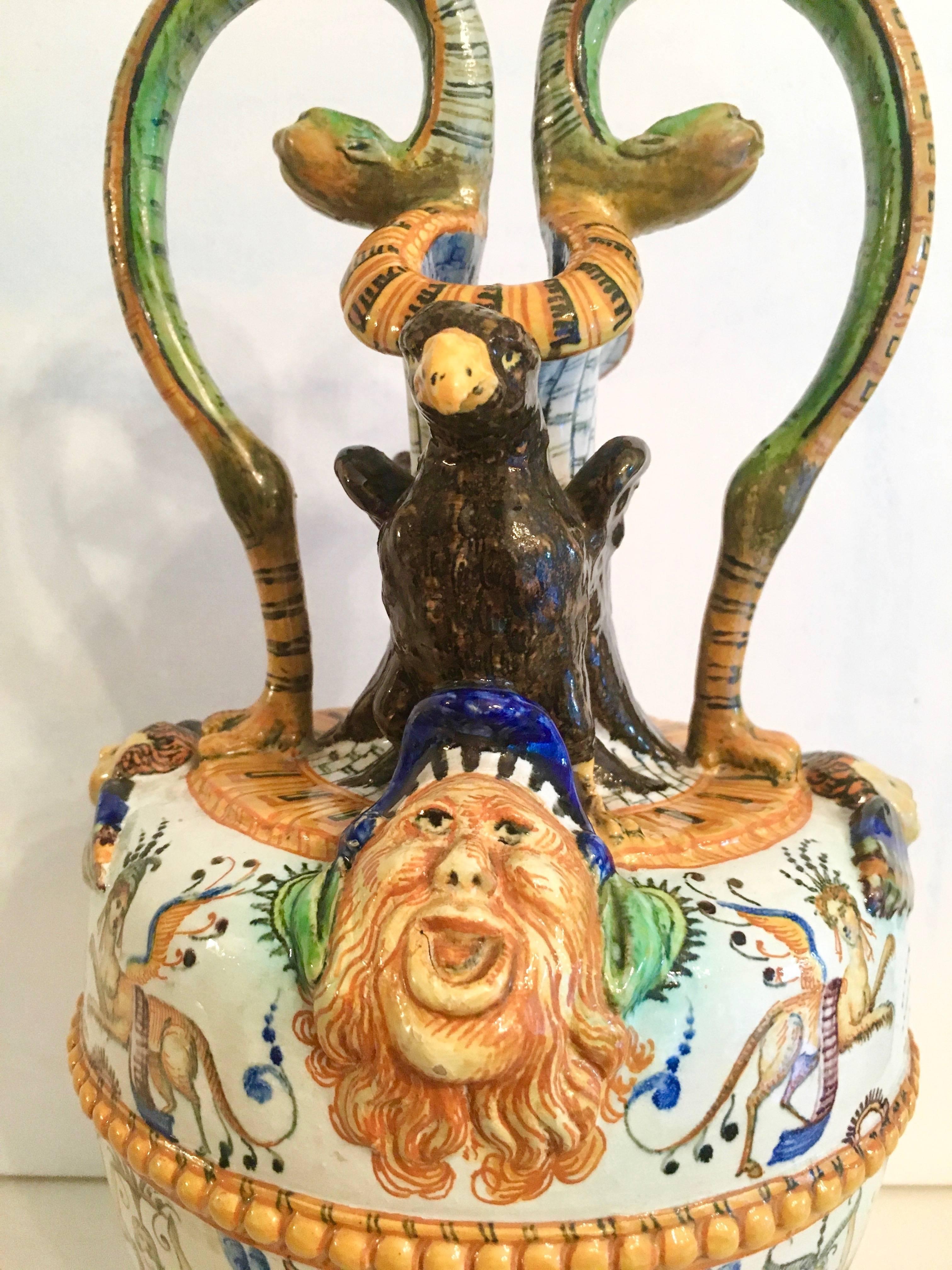 20th Century Exceptional Majolica Urn Vase with Serpent Handles and Mythological Figures For Sale