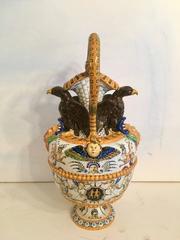 Exceptional Majolica Urn Vase with Serpent Handles and Mythological Figures
