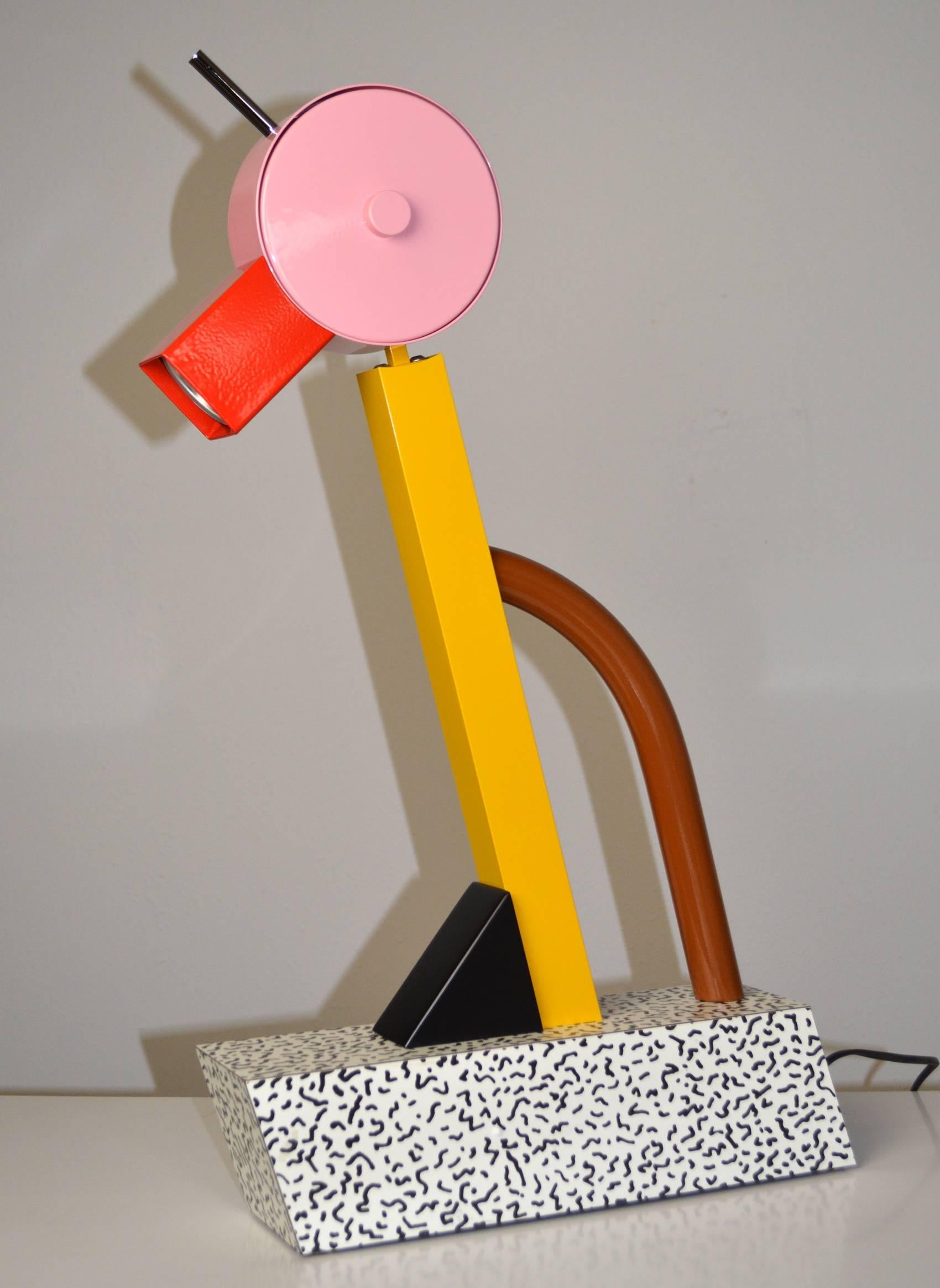 An iconic "Tahiti" lamp by Ettore Sottsass for Memphis. Capturing the spirit of the Memphis movement, the lamp is composed of metal, wood and laminate in the abstract form of a bird.
See Charlotte and Peter Fiell, "1000 Lights,