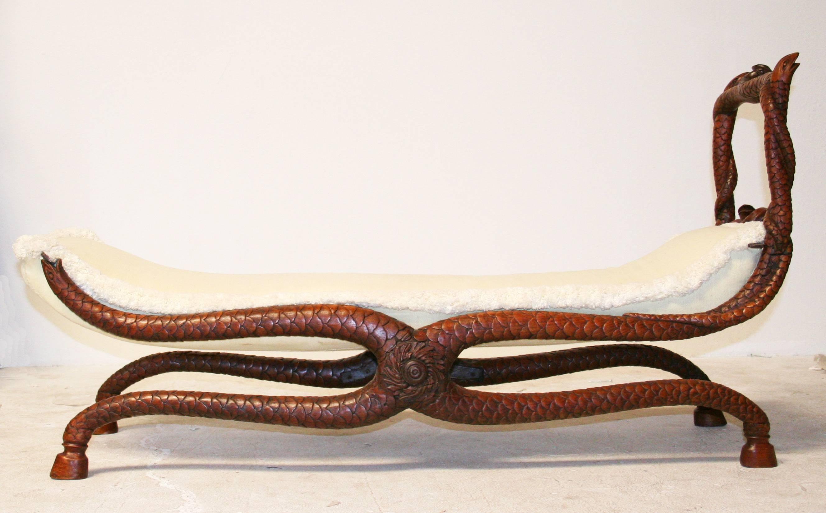 European  19th Century Serpent Carved Walnut Daybed/Bench For Sale
