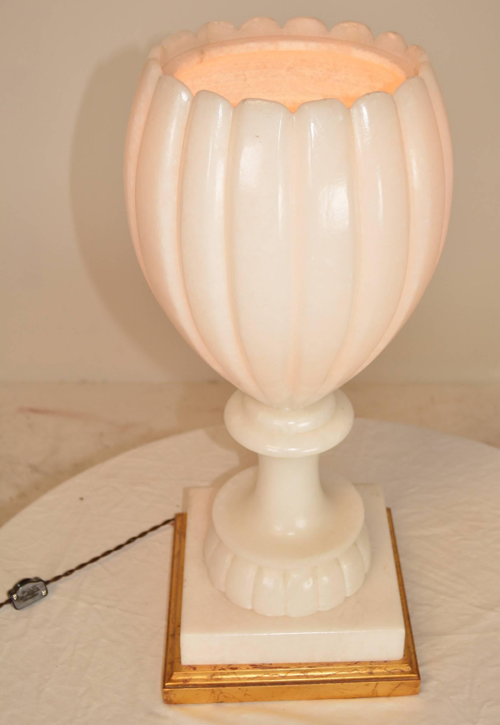 A pair of 1950s Italian alabaster urns with fluted bowl on a turned base and gold leafed plinth. Uplights with three way line switch newly rewired with French braided cloth cord.