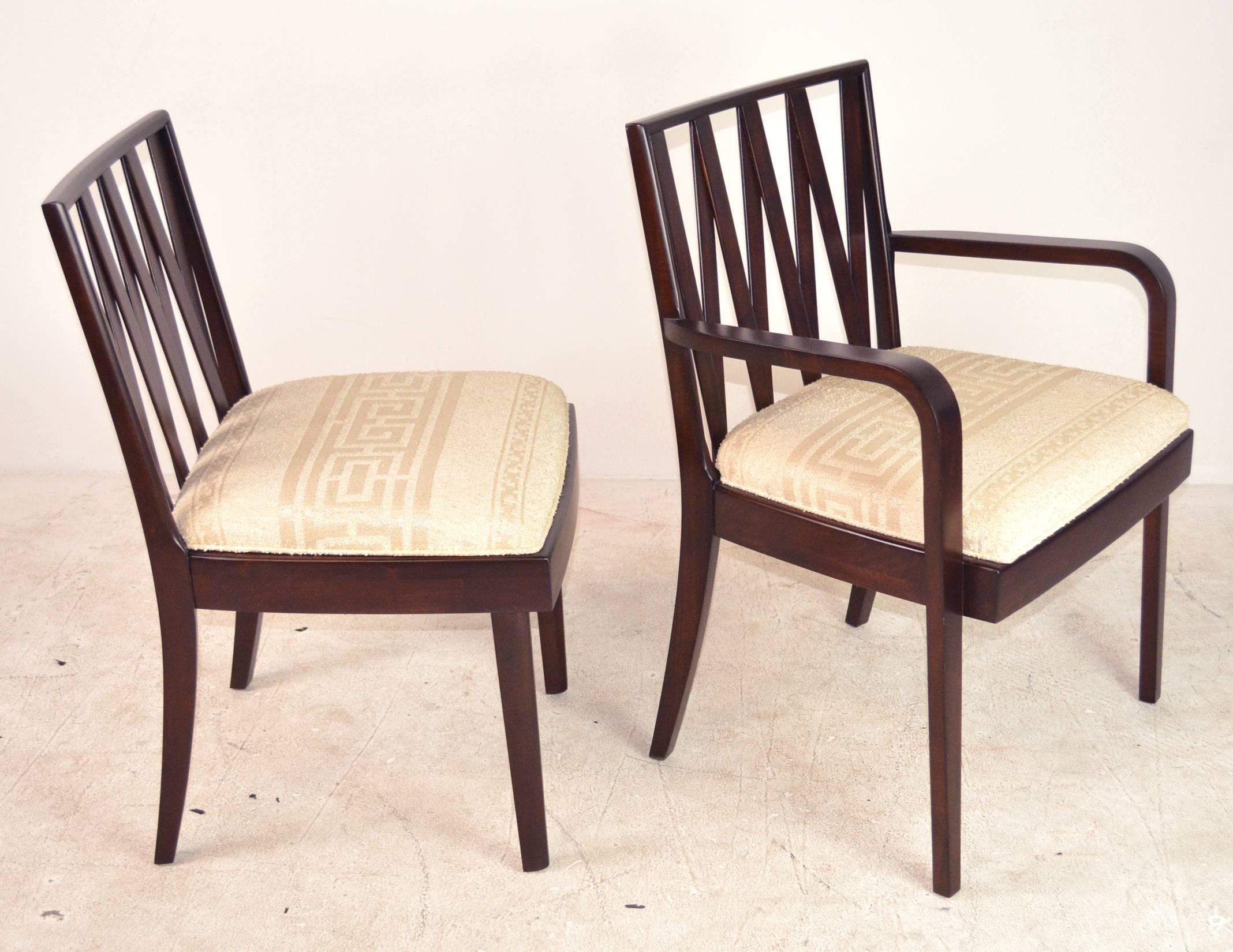 Set of six Paul Frankl mid-century modern mahogany dining chairs, two-arm and four side chairs, for Johnson Furniture Co., circa 1949. 

Measures: Armchair 25.25