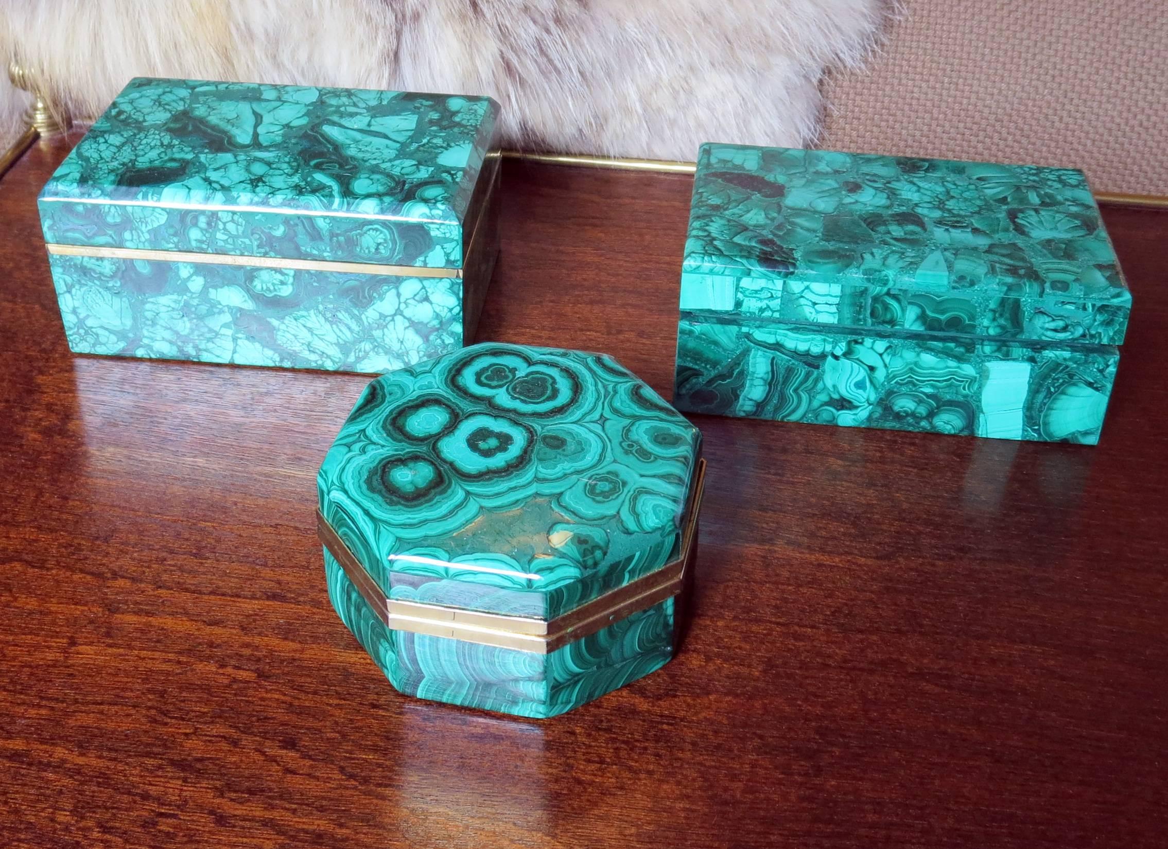 Italian Collection of Three Vintage Malachite Boxes For Sale
