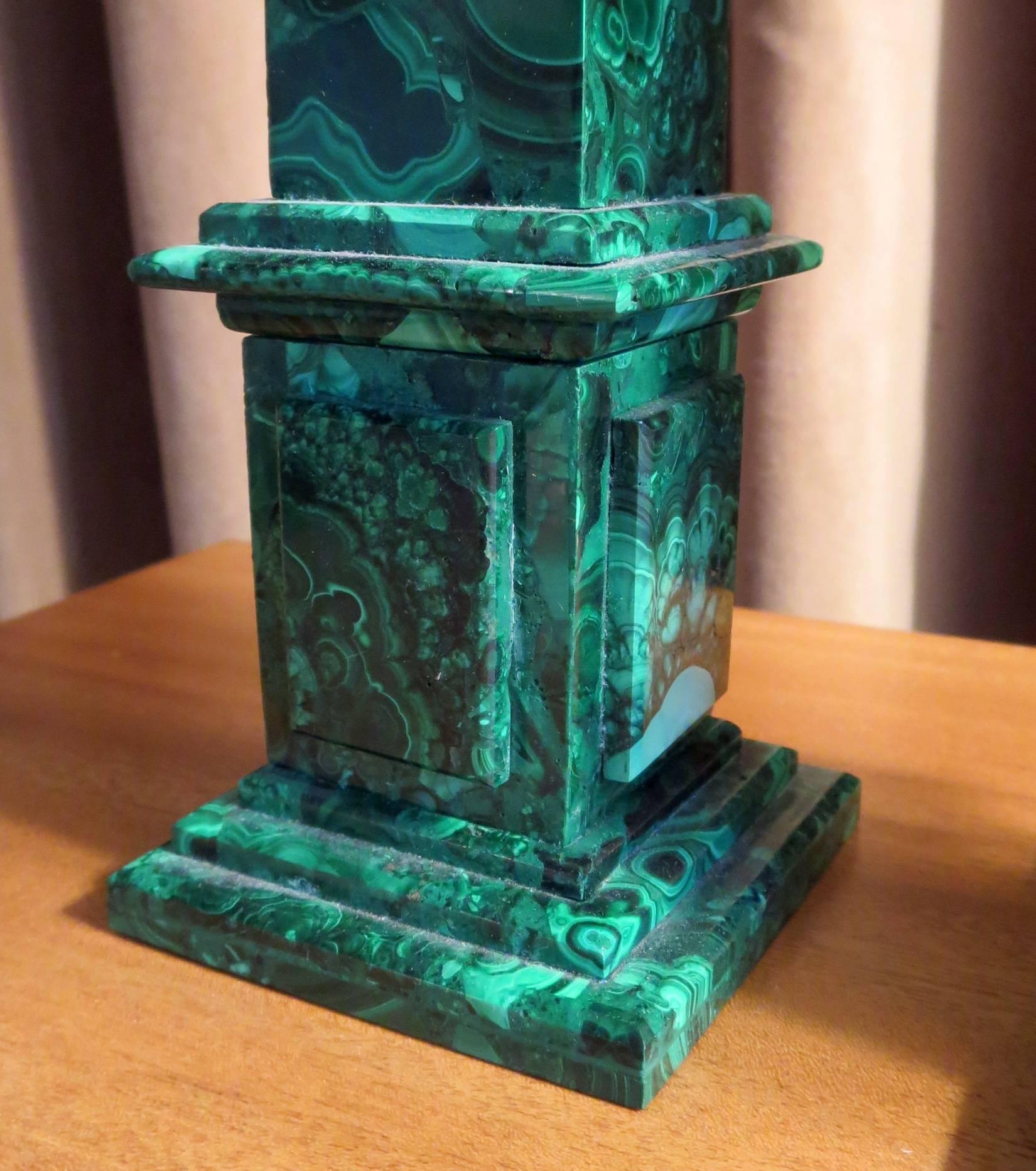 20th Century Pair of Russian Neoclassical Style Malachite Obelisks For Sale