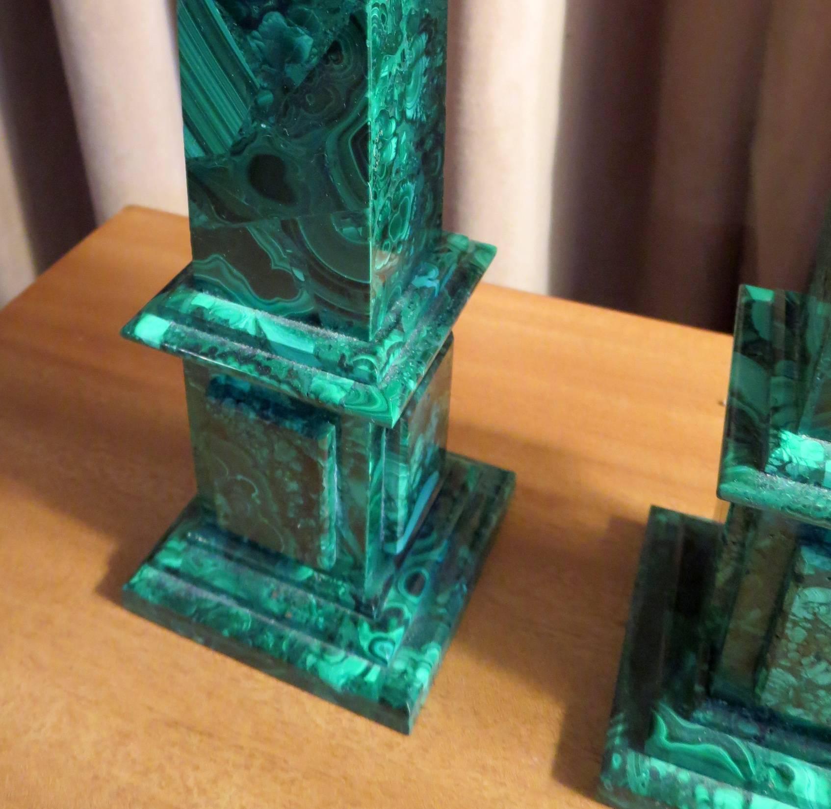 Pair of Russian Neoclassical Style Malachite Obelisks In Good Condition For Sale In Palm Springs, CA