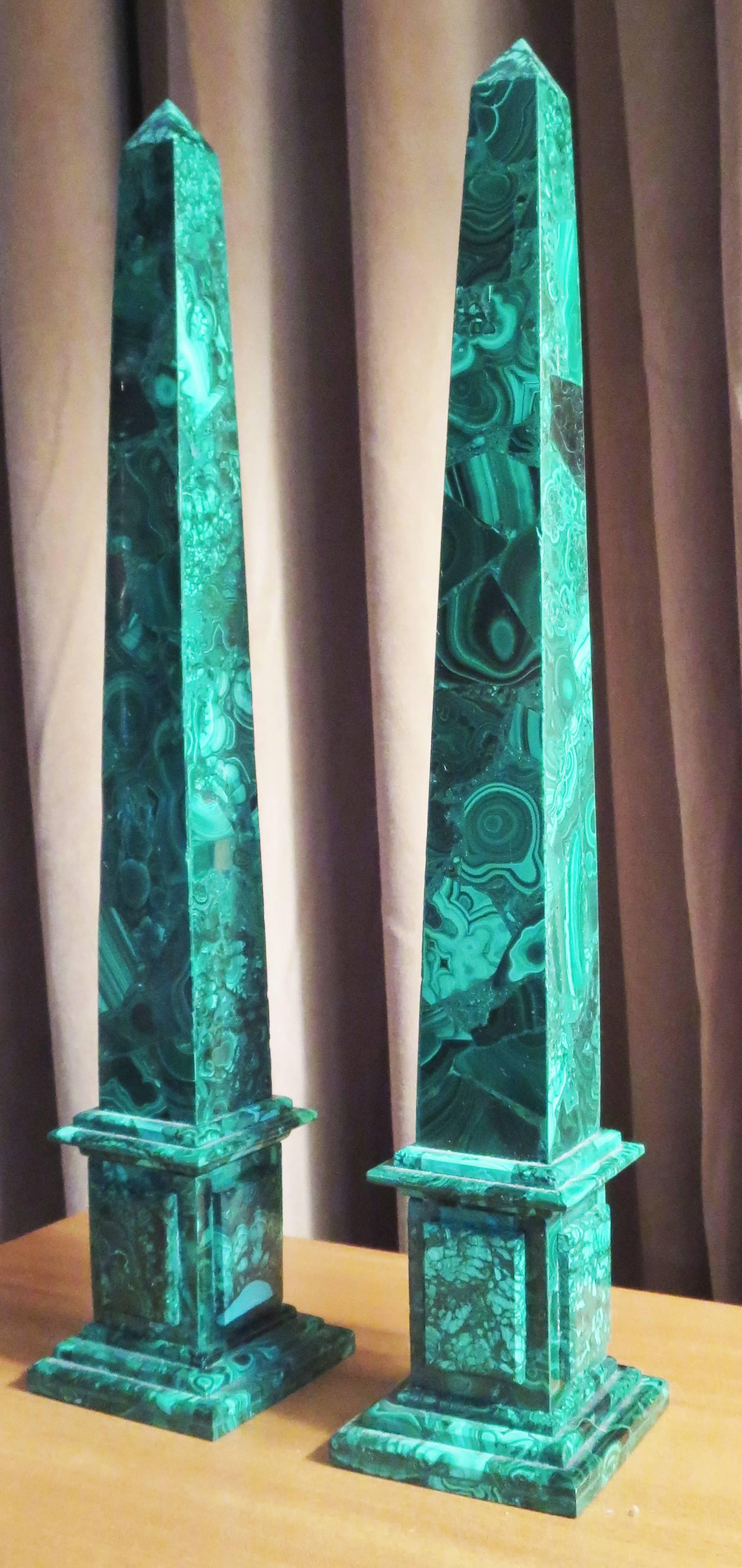 Stone Pair of Russian Neoclassical Style Malachite Obelisks For Sale