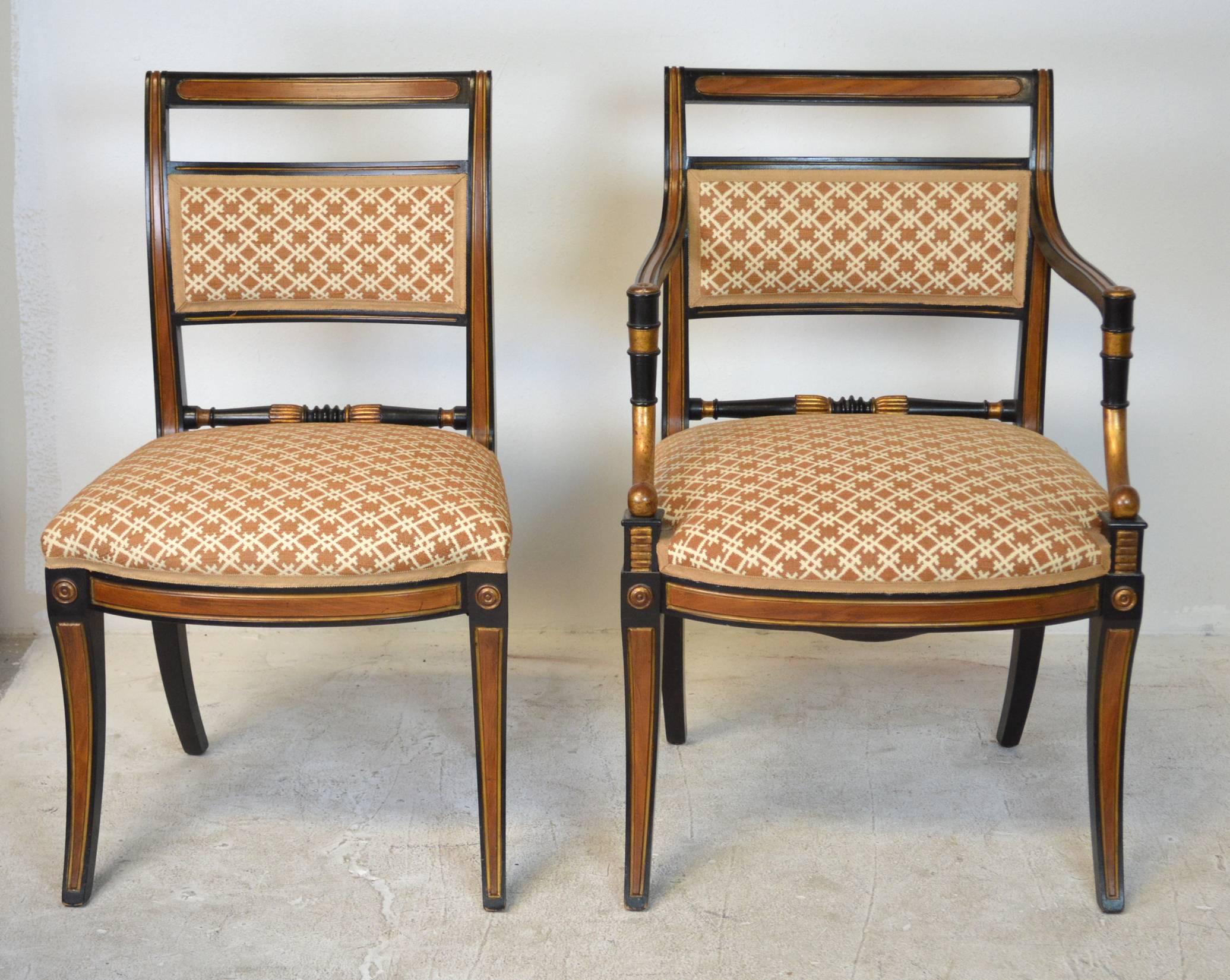 A set of four armchairs and four side chairs in the Regency style created for Parish Hadley in 1976. Traditional upholstery of springs, horsehair and hoghair.
Armchair 35 1/4" H x 23 1/4" W x 23 1/2" D.