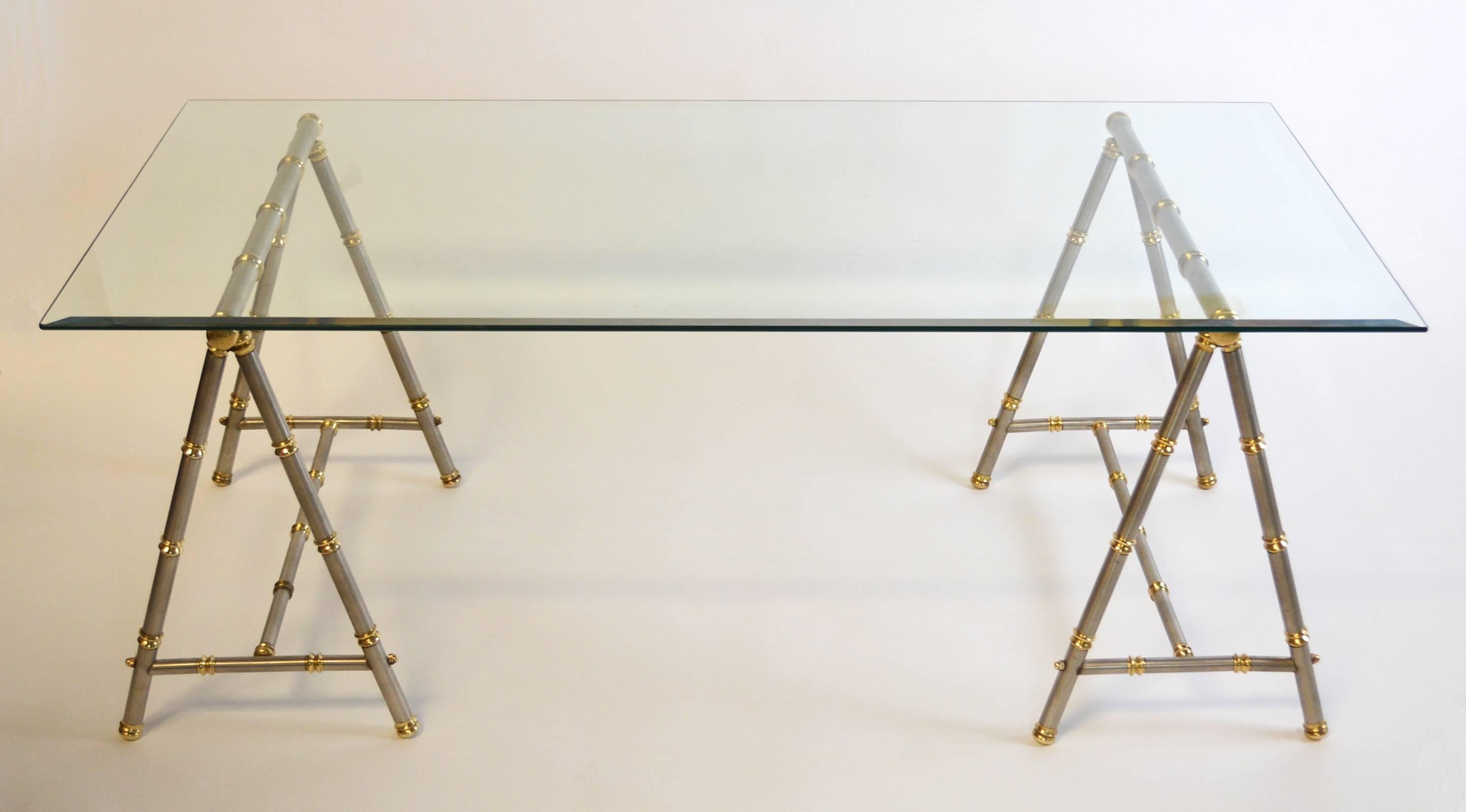 Mid-Century Modern Maison Jansen Style Steel and Brass Coffee Table For Sale