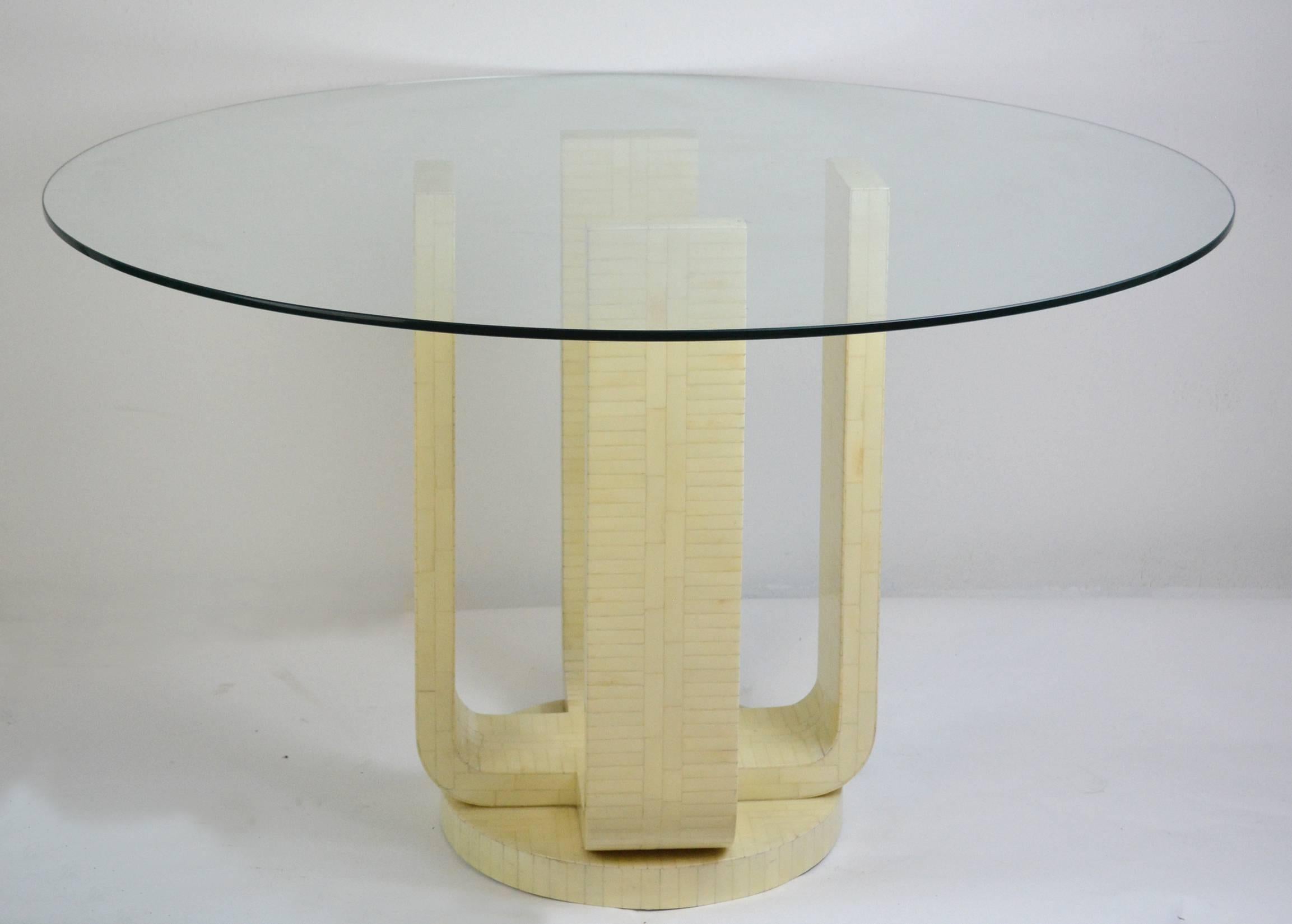 Mid-Century Modern dining or center table base of tessellated bone. Four legs flow down to a circular base. Unmarked but style of Karl Springer, Enrique Garciel and Ambiance
