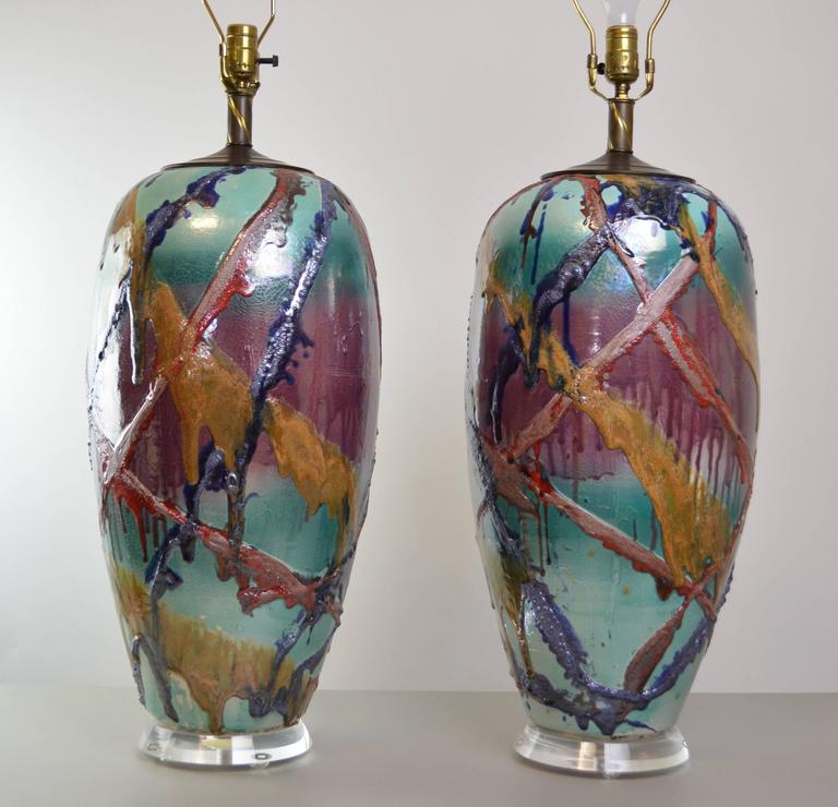 Pair of Monumental 1980s Raku Pottery Lamps For Sale at 1stDibs