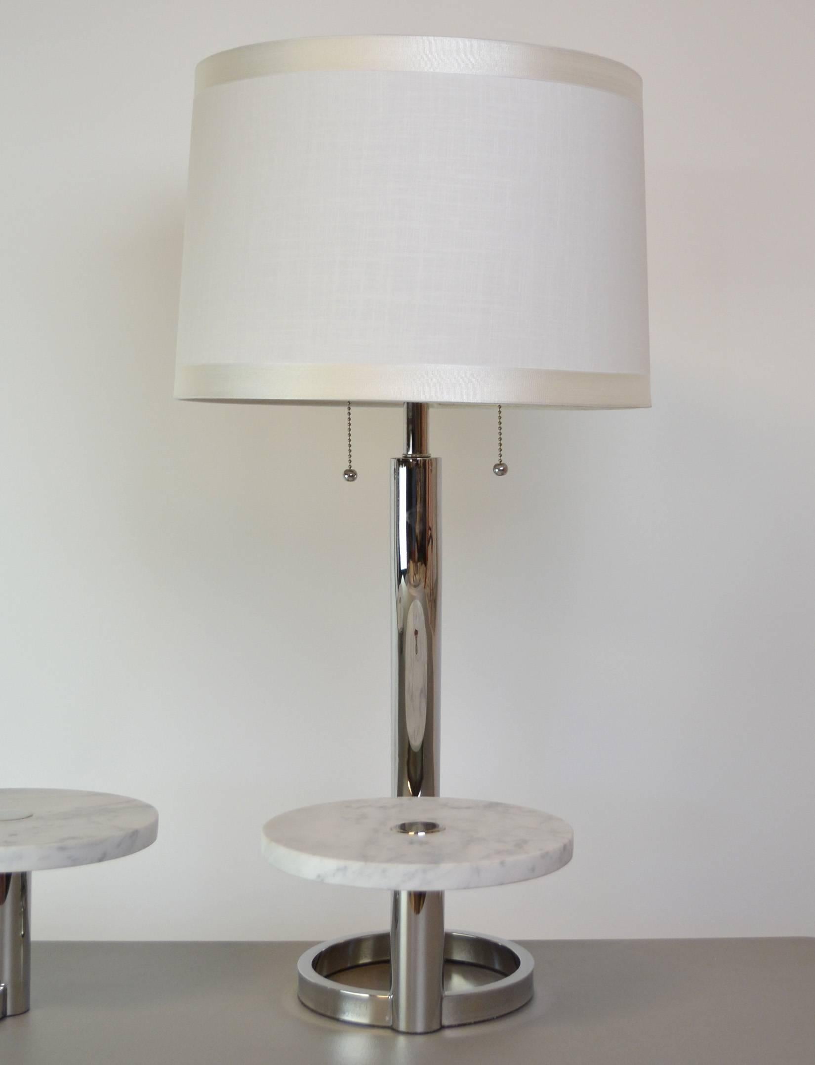 American Pair of 1980s Chrome and Marble Lamps For Sale