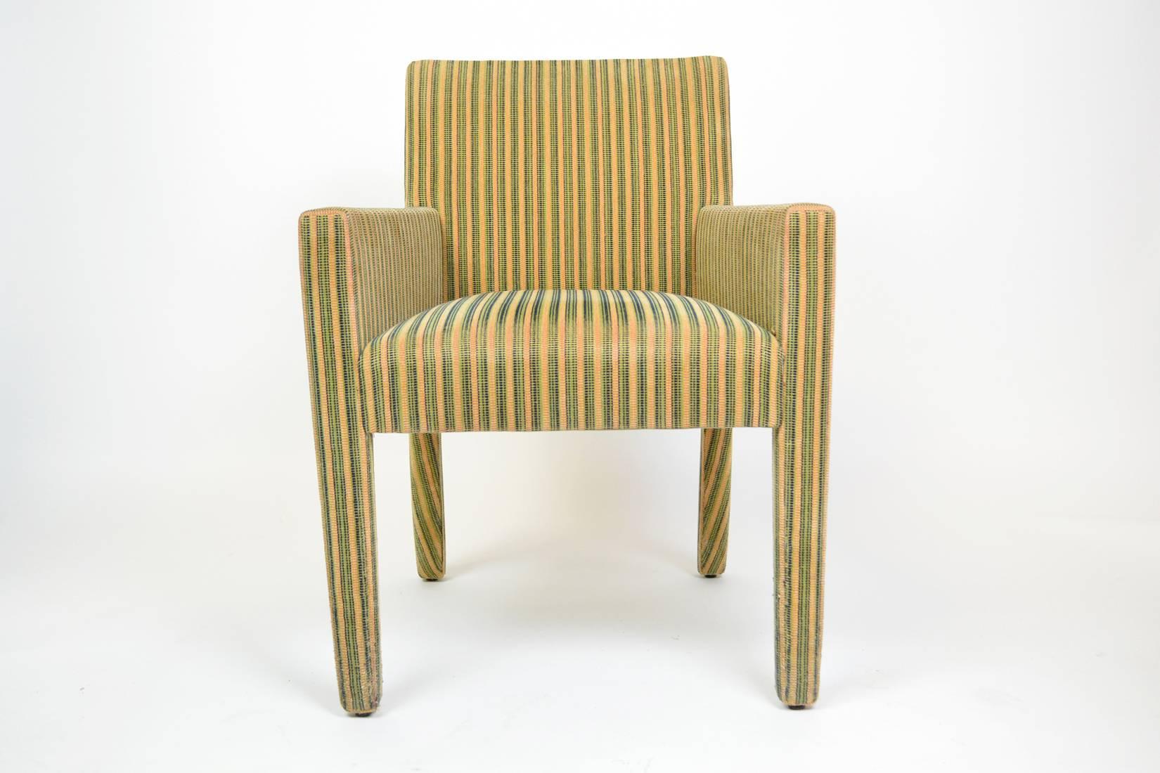 Six fully upholstered armchairs by J. Robert Scott in the style of Jean Michel Frank, circa 1980s. Upholstery is original with pulls and wear at corners. Two chairs need to be tightened. 
Sold as a pair of chairs. Three sets available.

Measures: