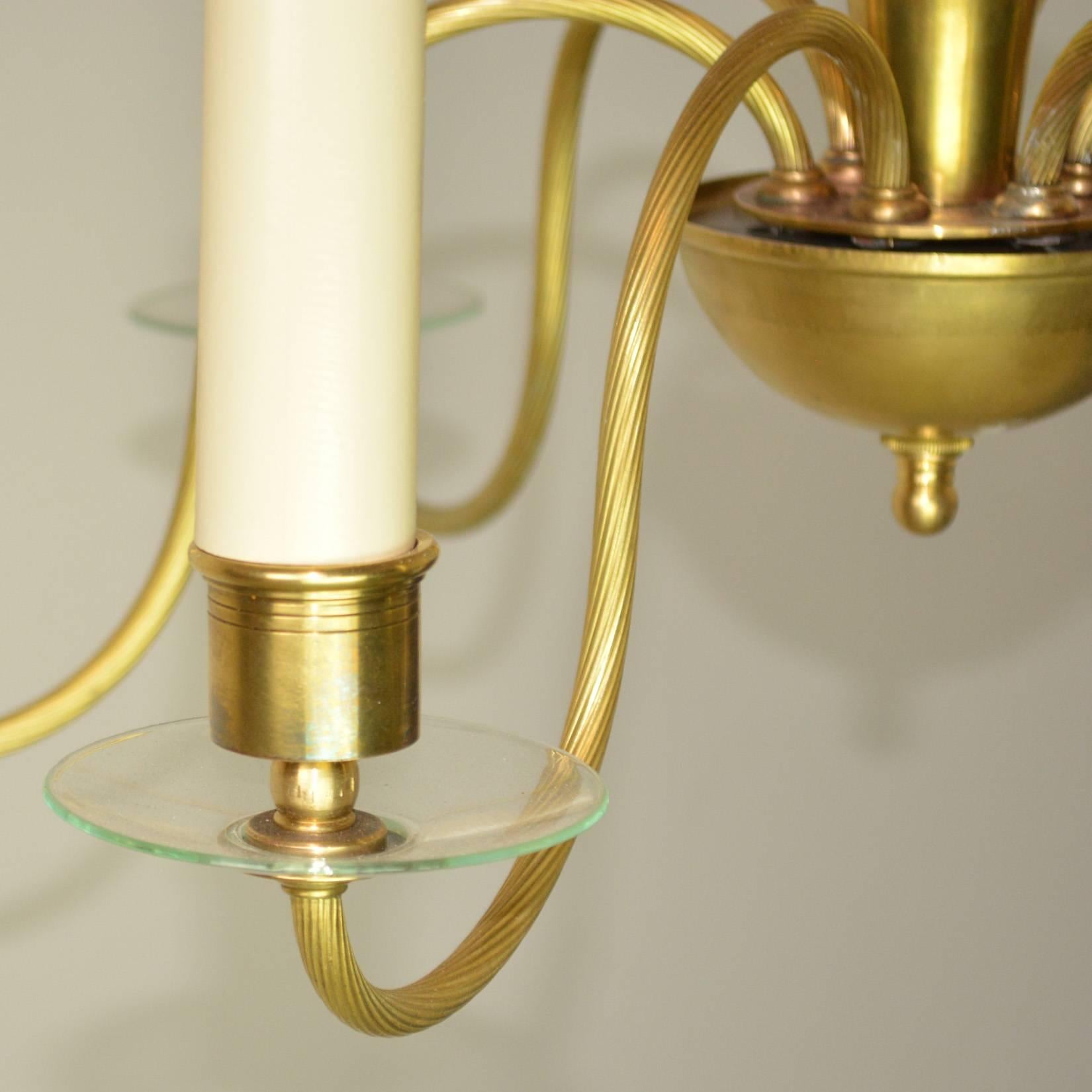 American Mid-Century Modern Brass and Glass Chandelier For Sale