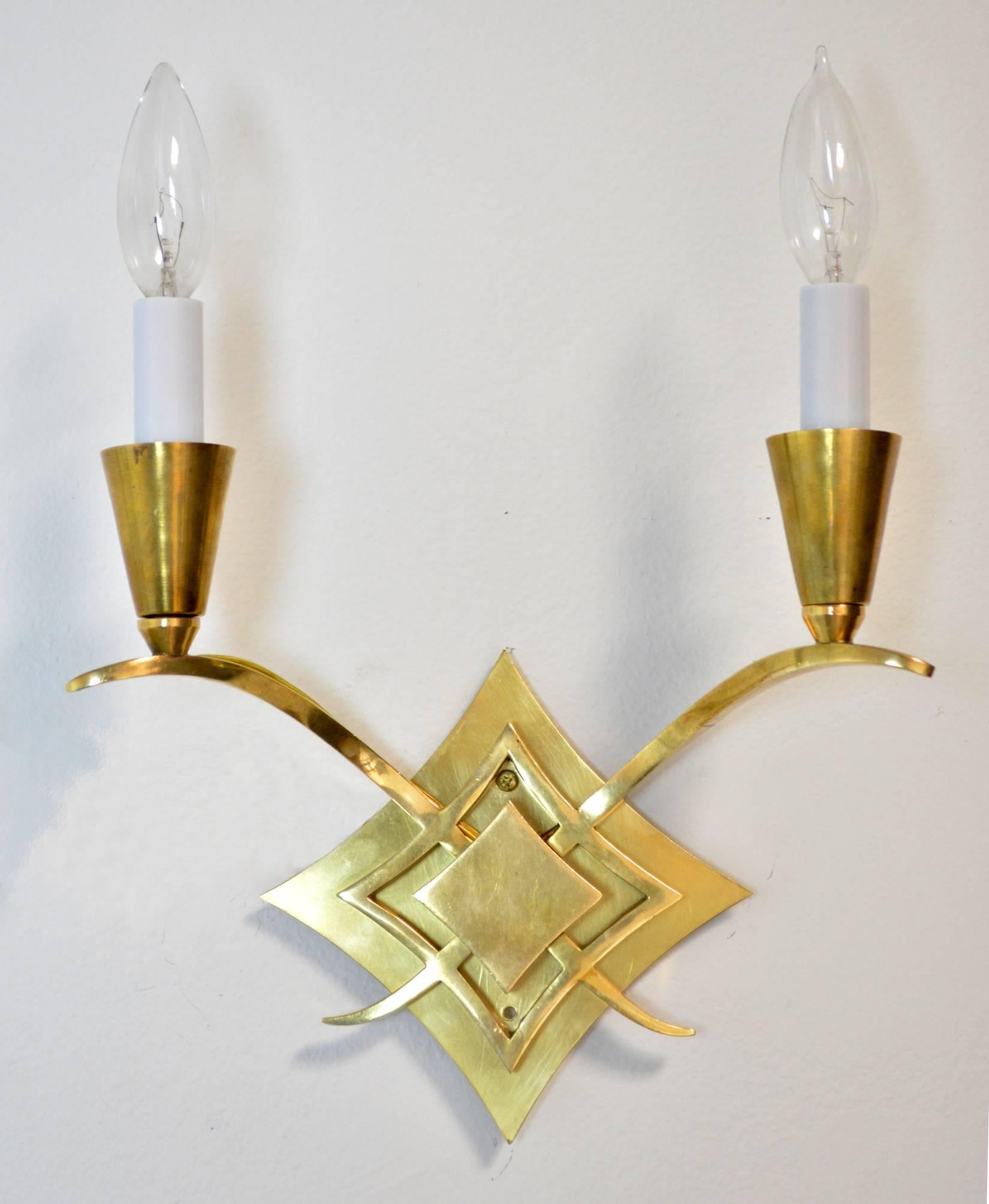 Art Deco Set of Four French Brass Sconces Attributed to Leleu For Sale