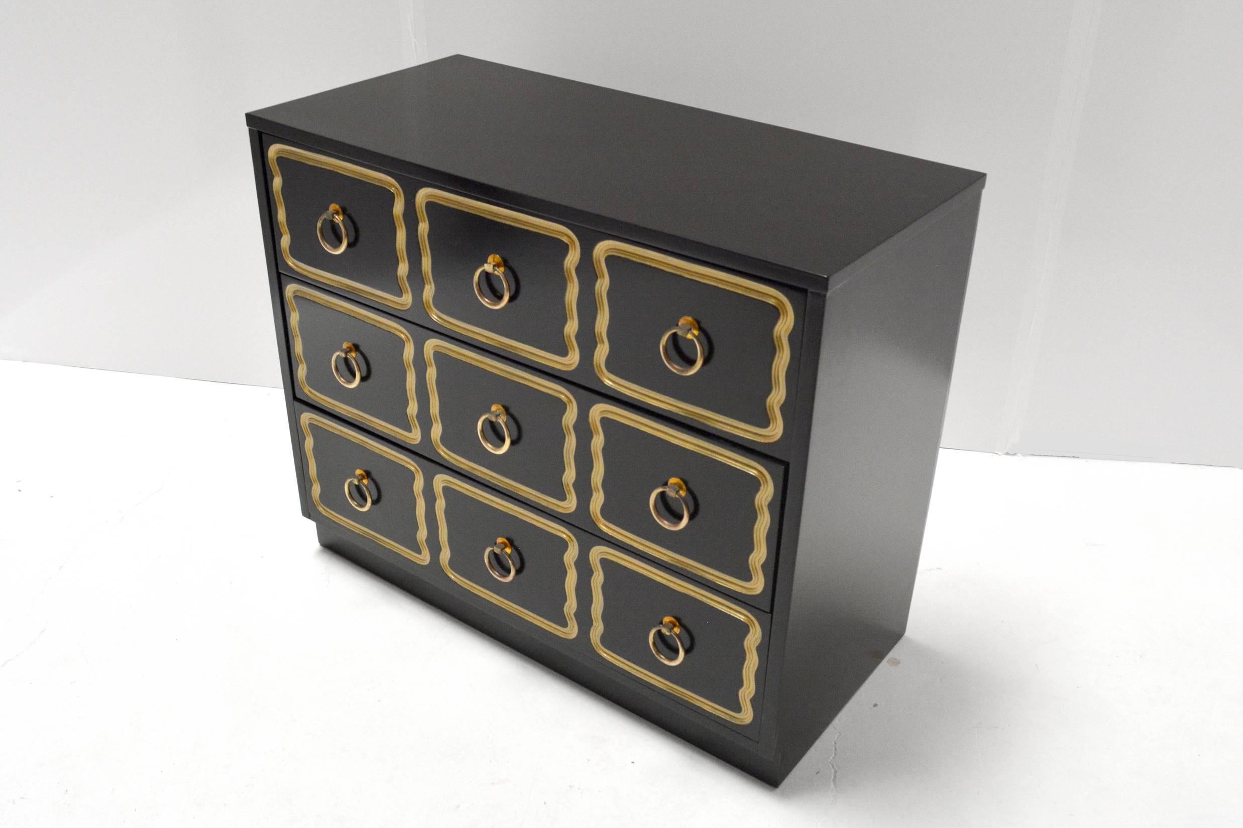 A three-drawer "Espana" chest by Dorothy Draper for Heritage Henredon. Re-lacquered.