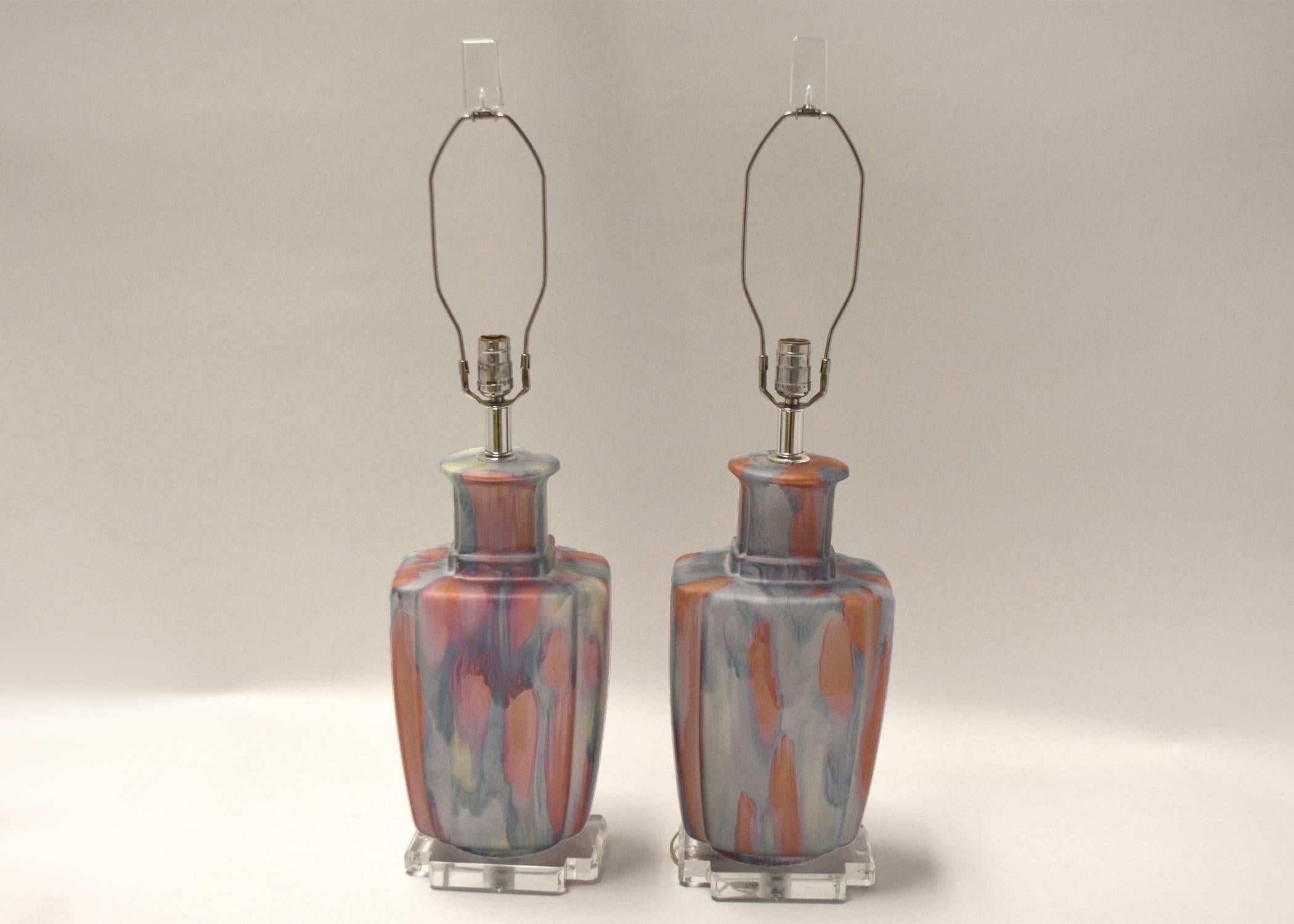 American Pair of Pink and Blue Bauer Lamps