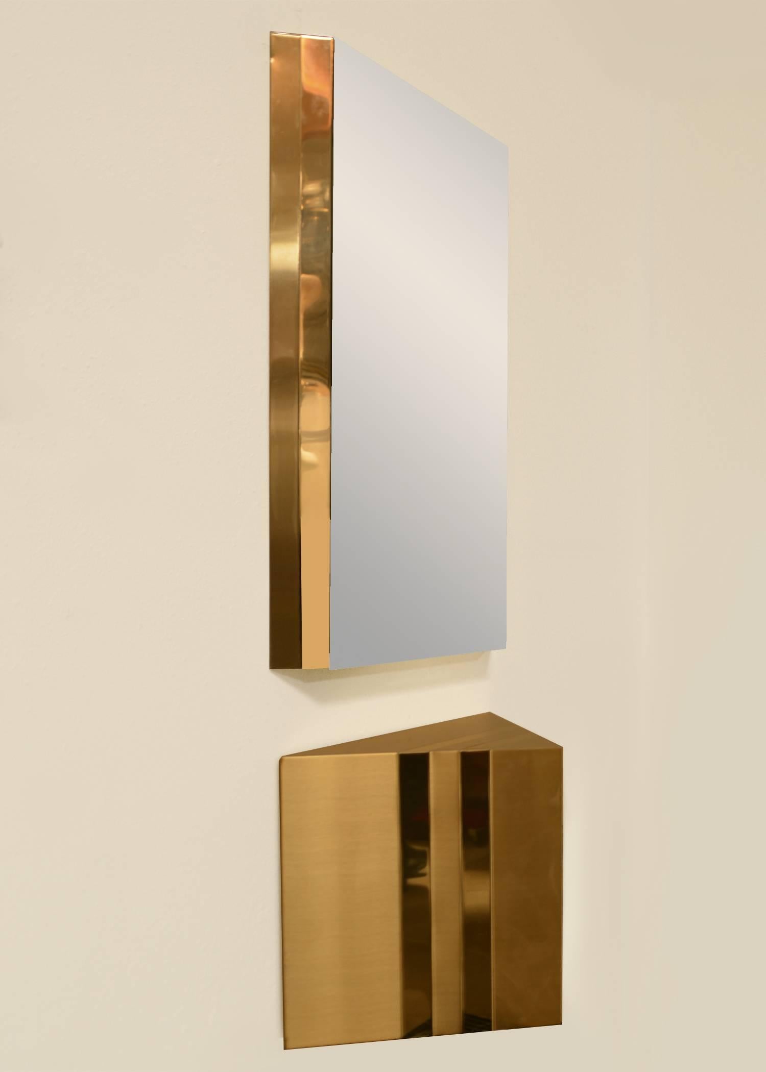 Mid-Century Modern 1970s Angular Brass Consoles with Matching Mirrors For Sale