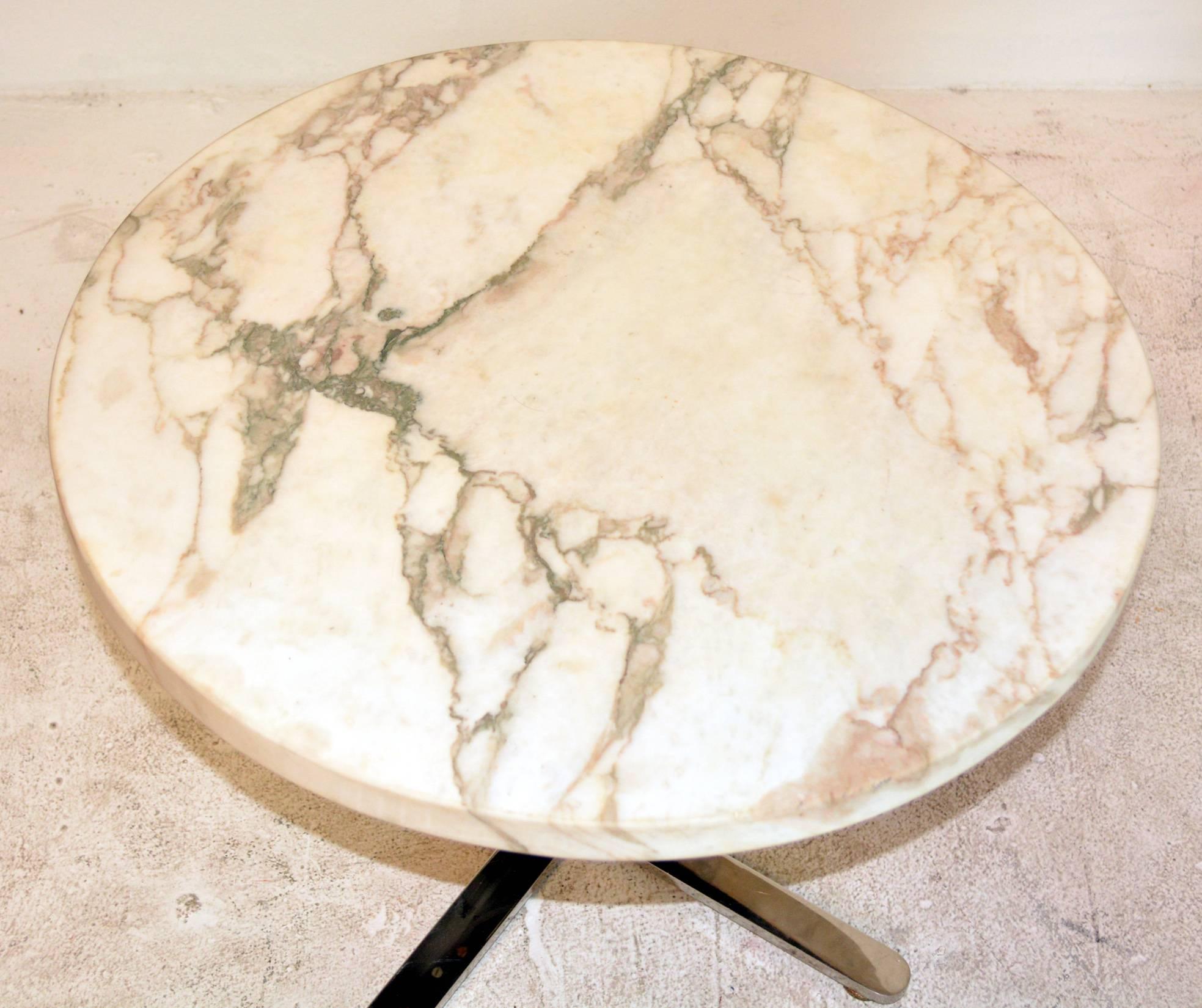 A marble and stainless steel occasional table by Helikon from the 1980s. Marble-top is 1.25'' thick, with great figuring and patina.