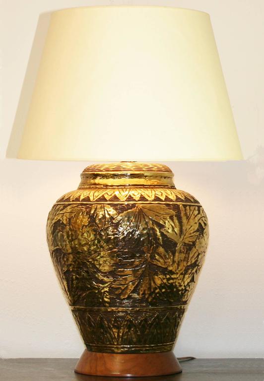 Large MidCentury Modern Gold Glazed Incised Lamp For Sale at 1stDibs