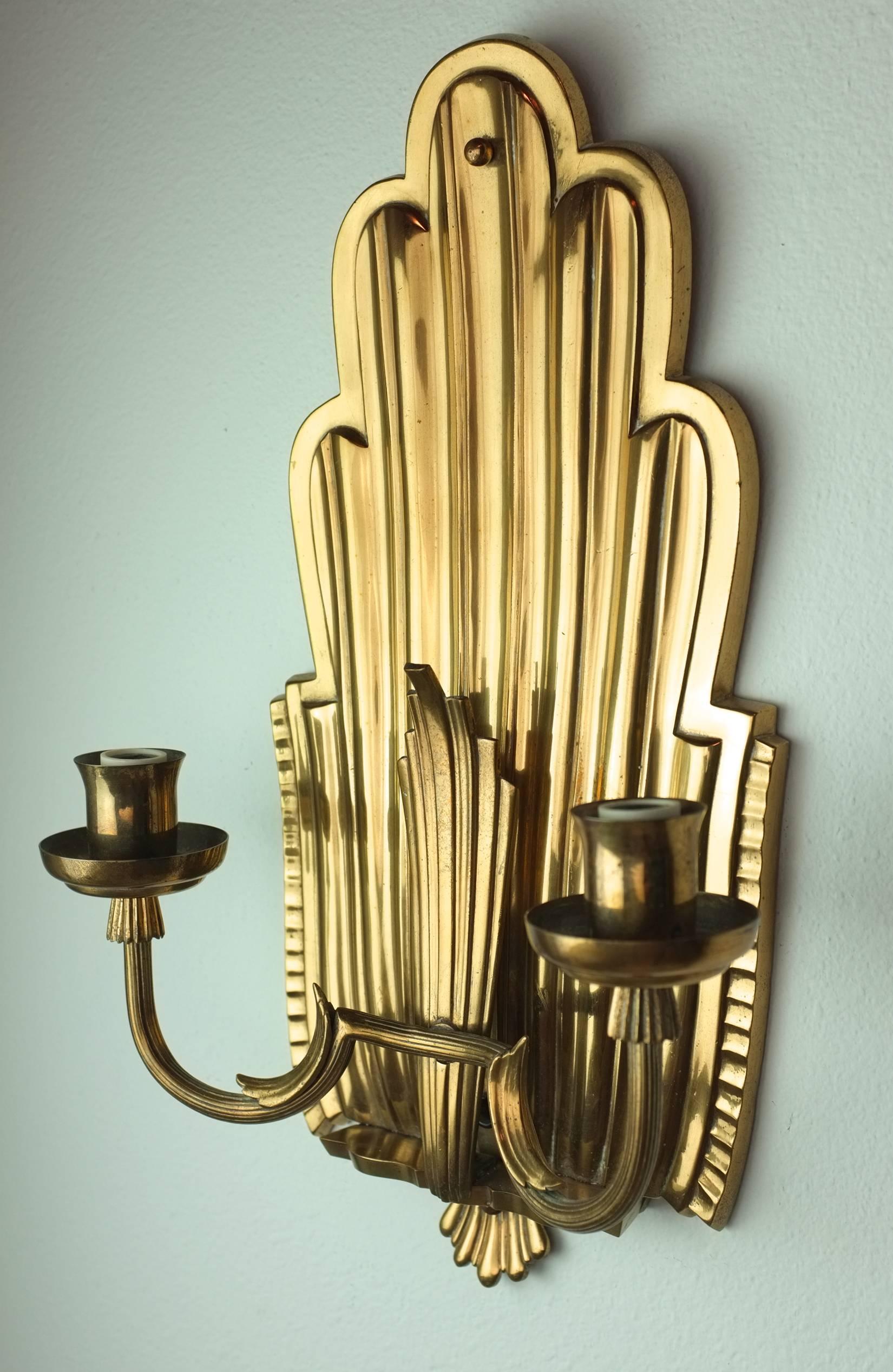 Scandinavian Modern Pair of Swedish Grace Brass Sconces