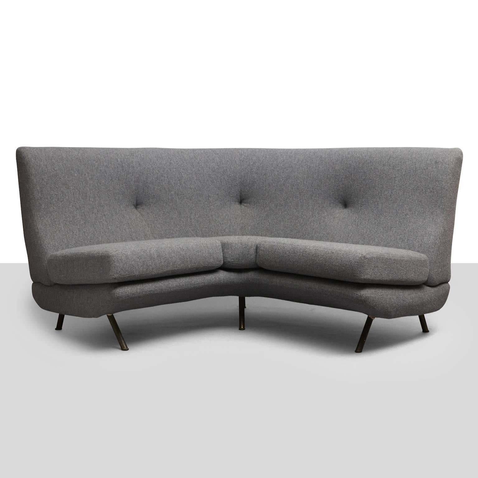 Triennale corner sofa designed by Marco Zanuso in 1951, produced by Arflex. Recently reupholstered in Holland and Sherry boiled wool.
