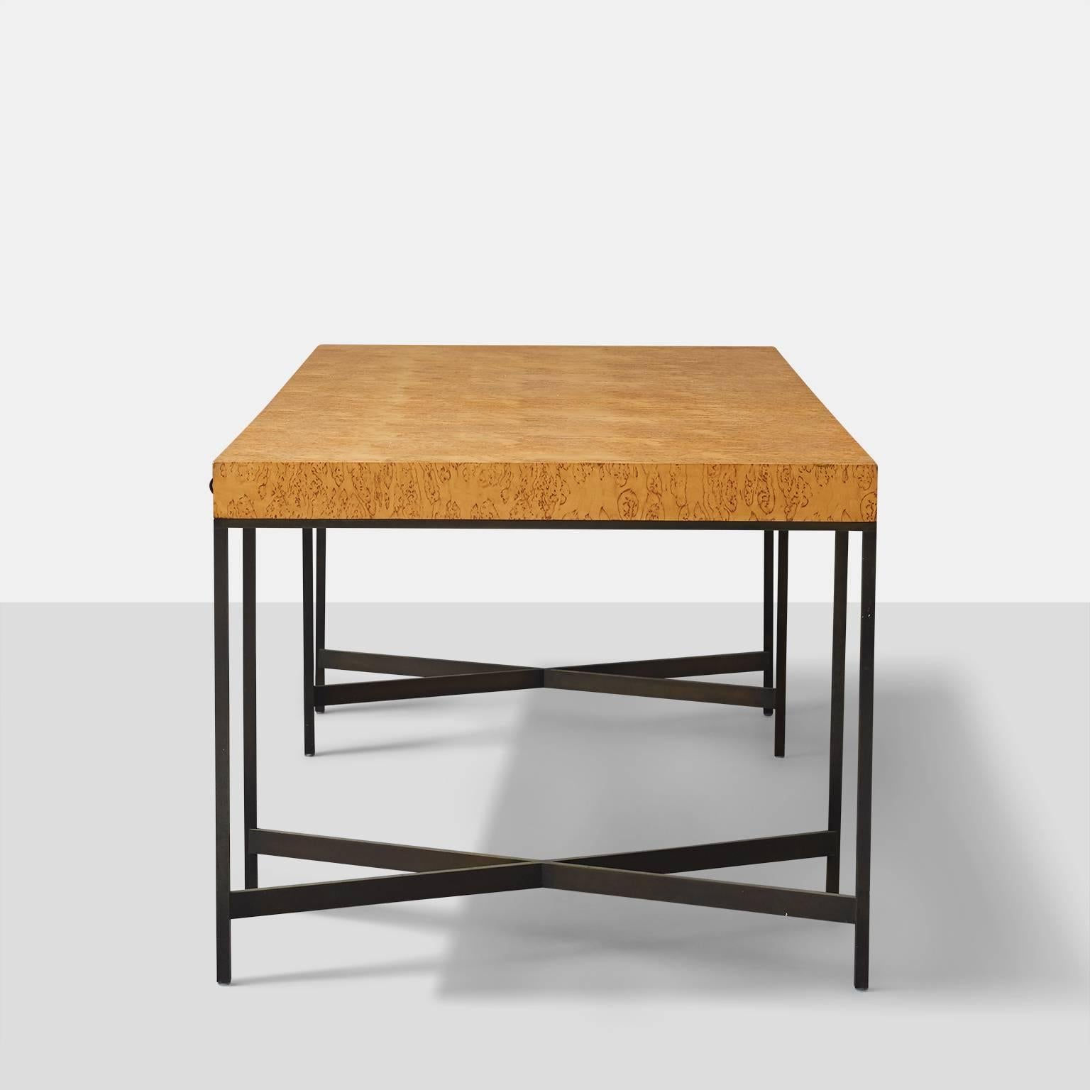 Custom designed desk by Edward Wormley for Dunbar. Made of Karelian burl and bronze with three drawers. This table was part of the small 7100 group offered in 1971.