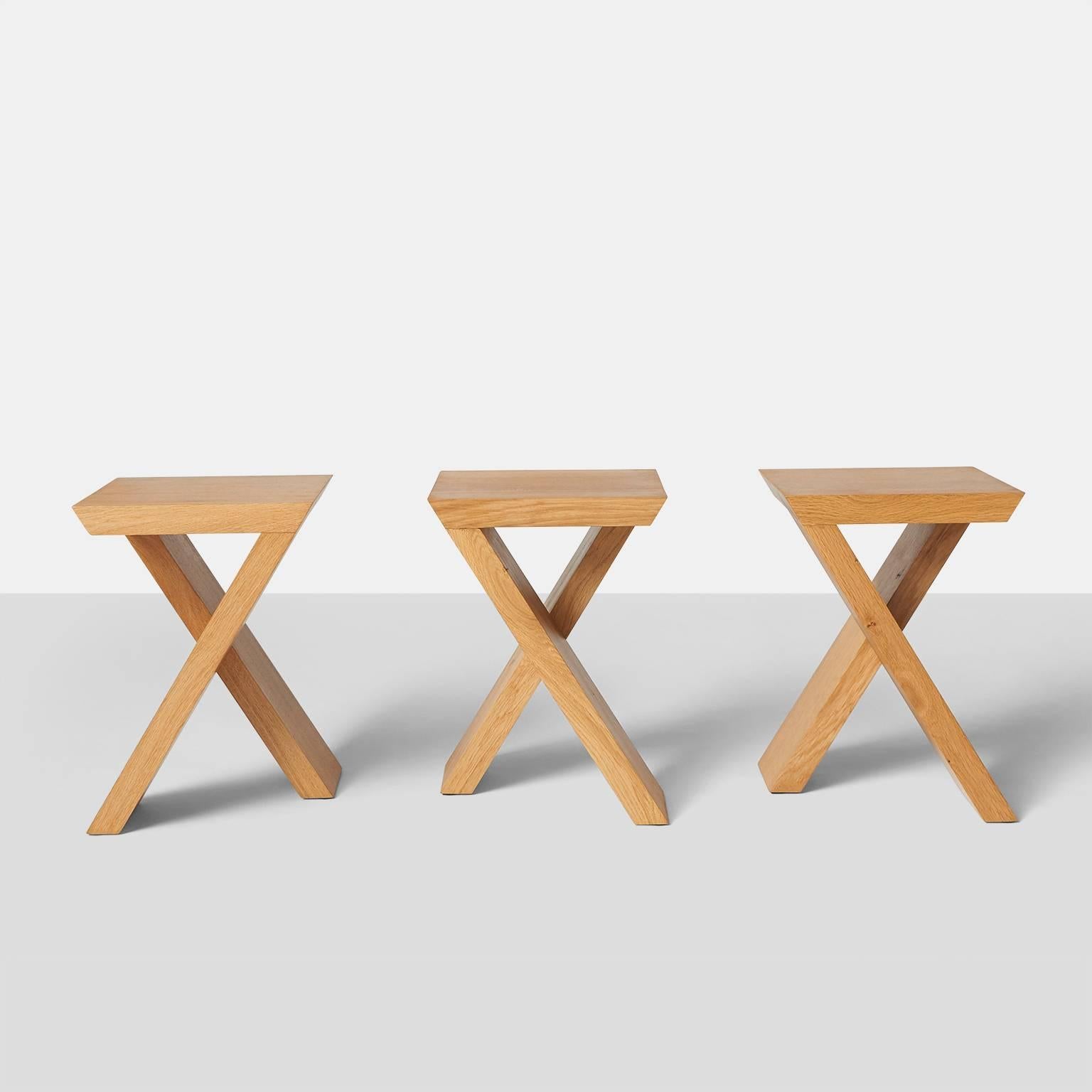A group of three stools with mitered edge made of naturally fallen oak by Kaspar Hamacher. Almond & Company is the exclusive gallery in the U.S. to represent this artist.