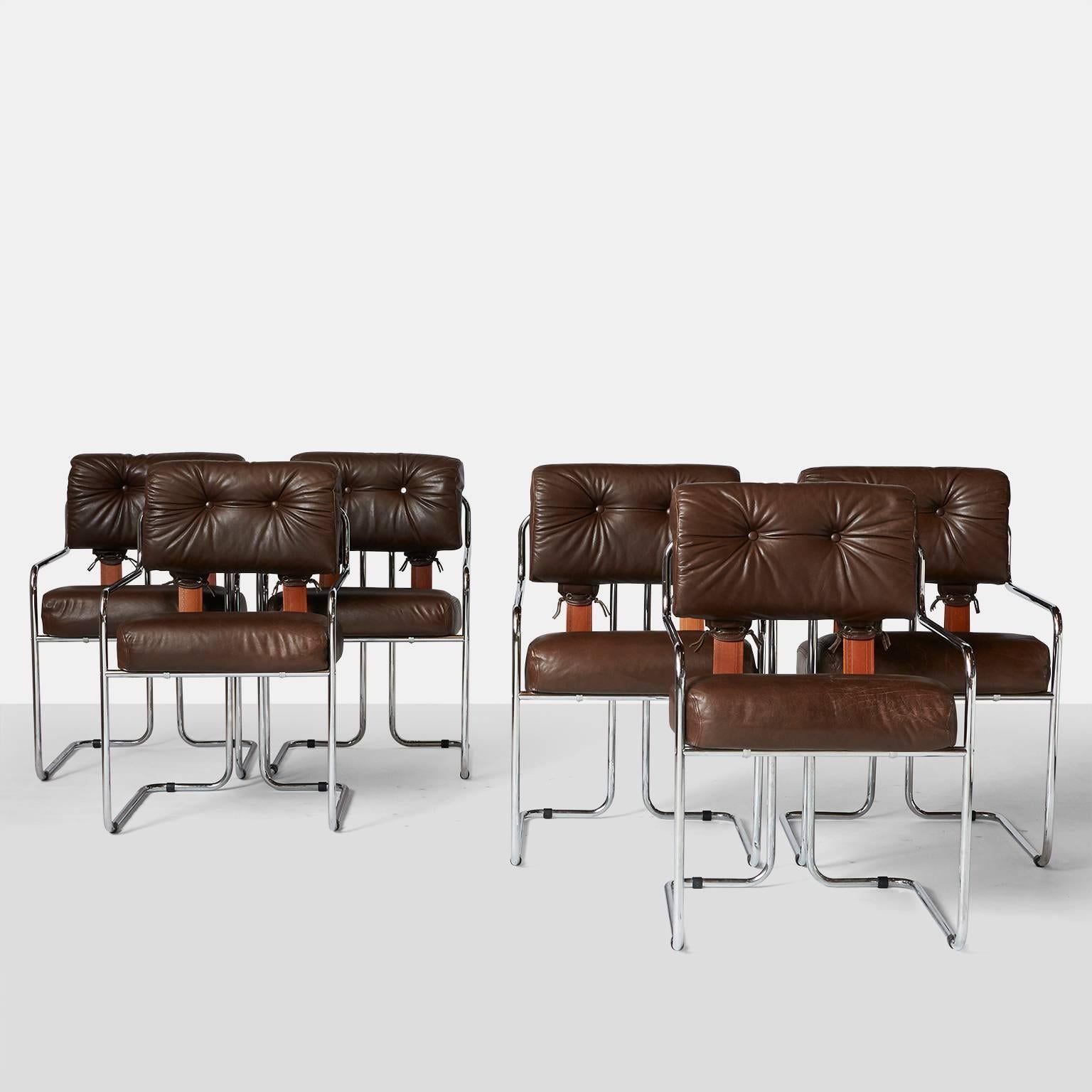A set of six chrome framed chairs with deep brown soft leather cushions. The chairs were designed by Guido Faleschini in 1975 for the Pace Collection.
Provenance: The Estate of Nancy Buncher.

 