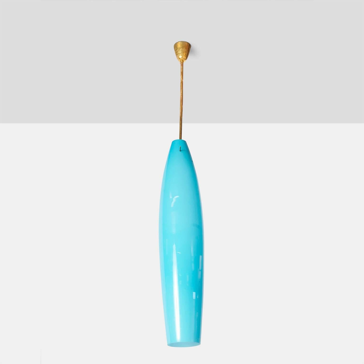 A large-scale blue Murano glass chandelier with brass rod and canopy.
Italy, circa 1960s.

 