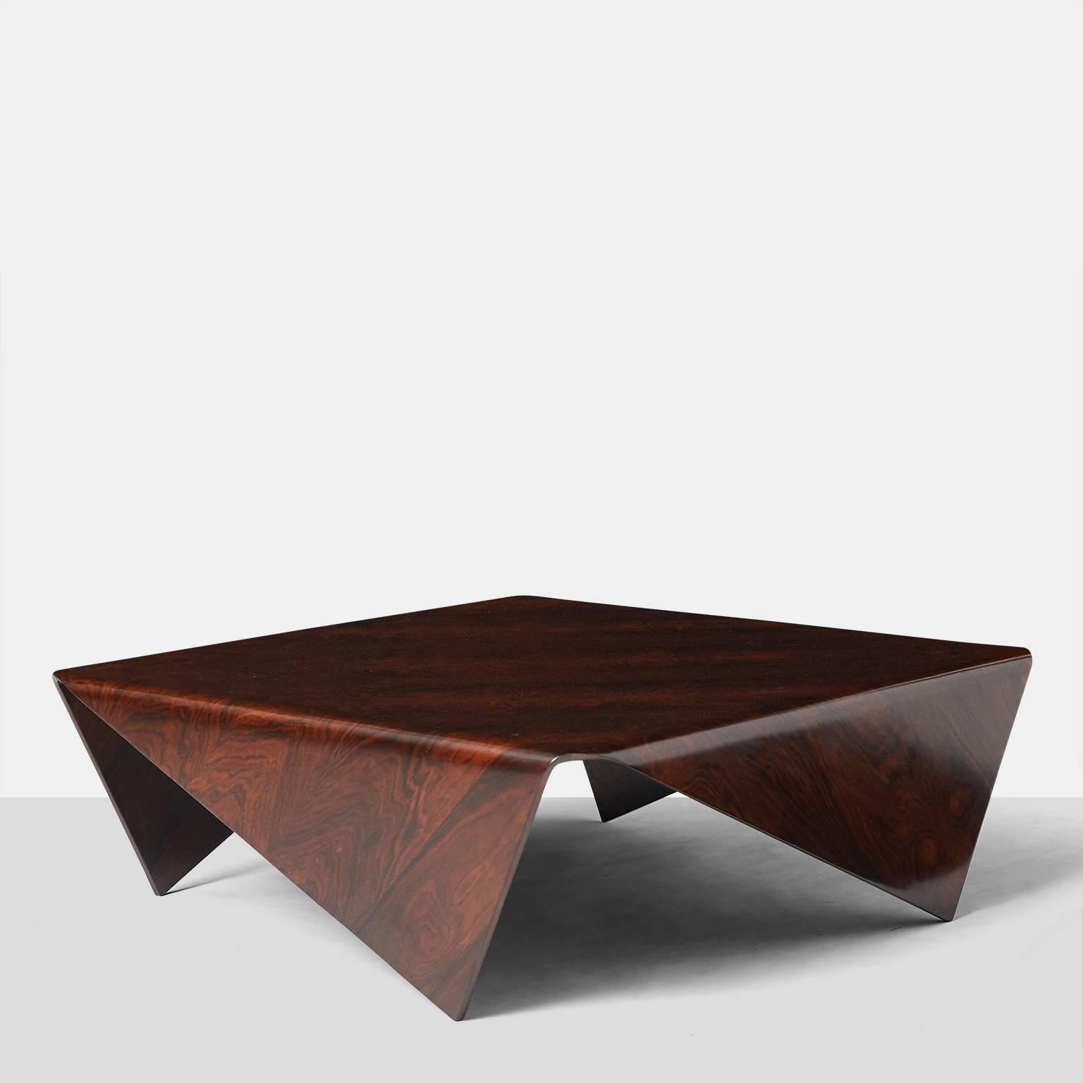 A square form cocktail table by Jorge Zalszupin in Jacaranda and retaining the original label,
Brazil, circa 1960s.