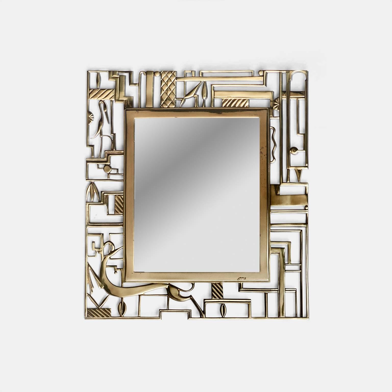 Cast brass mirror, circa 1925 - for Werkstate Hagenauer a wall mirror, designed by Karl Hagenauer for the Werkstätte Hagenauer, Vienna, 1924/25, cast brass, marked: HAGENAUER/WIEN WHW/MADE IN AUSTRIA, 
Literature: comp. 60 Jahre Galerie Würthle. 60