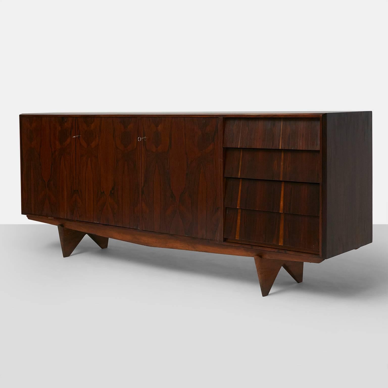 A credenza with three doors and four drawers in jacaranda. Designed by Martin Eisler for Forma.
Brazil, circa 1950.
 