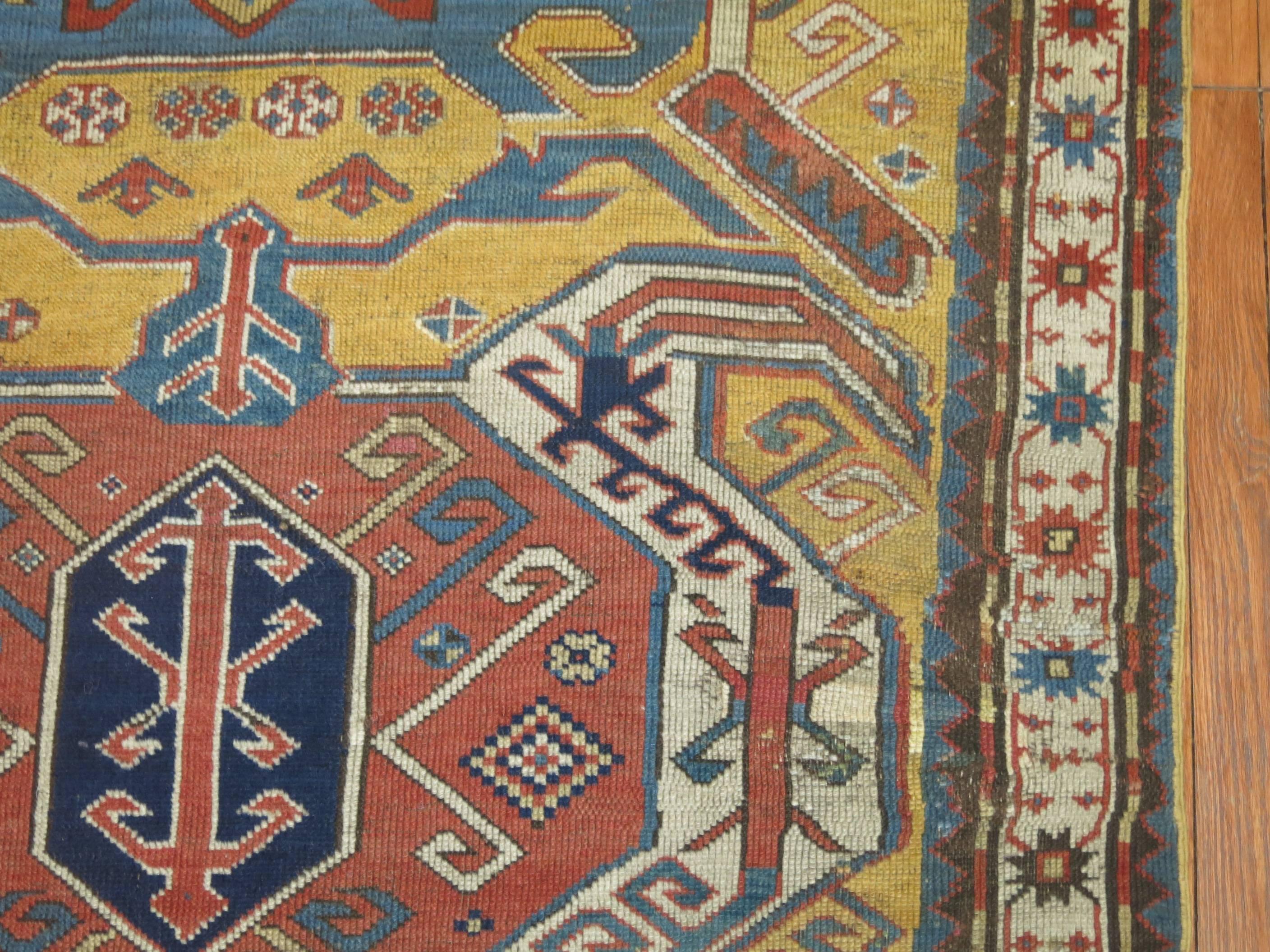 Yellow Antique Kazak Rug In Distressed Condition In New York, NY