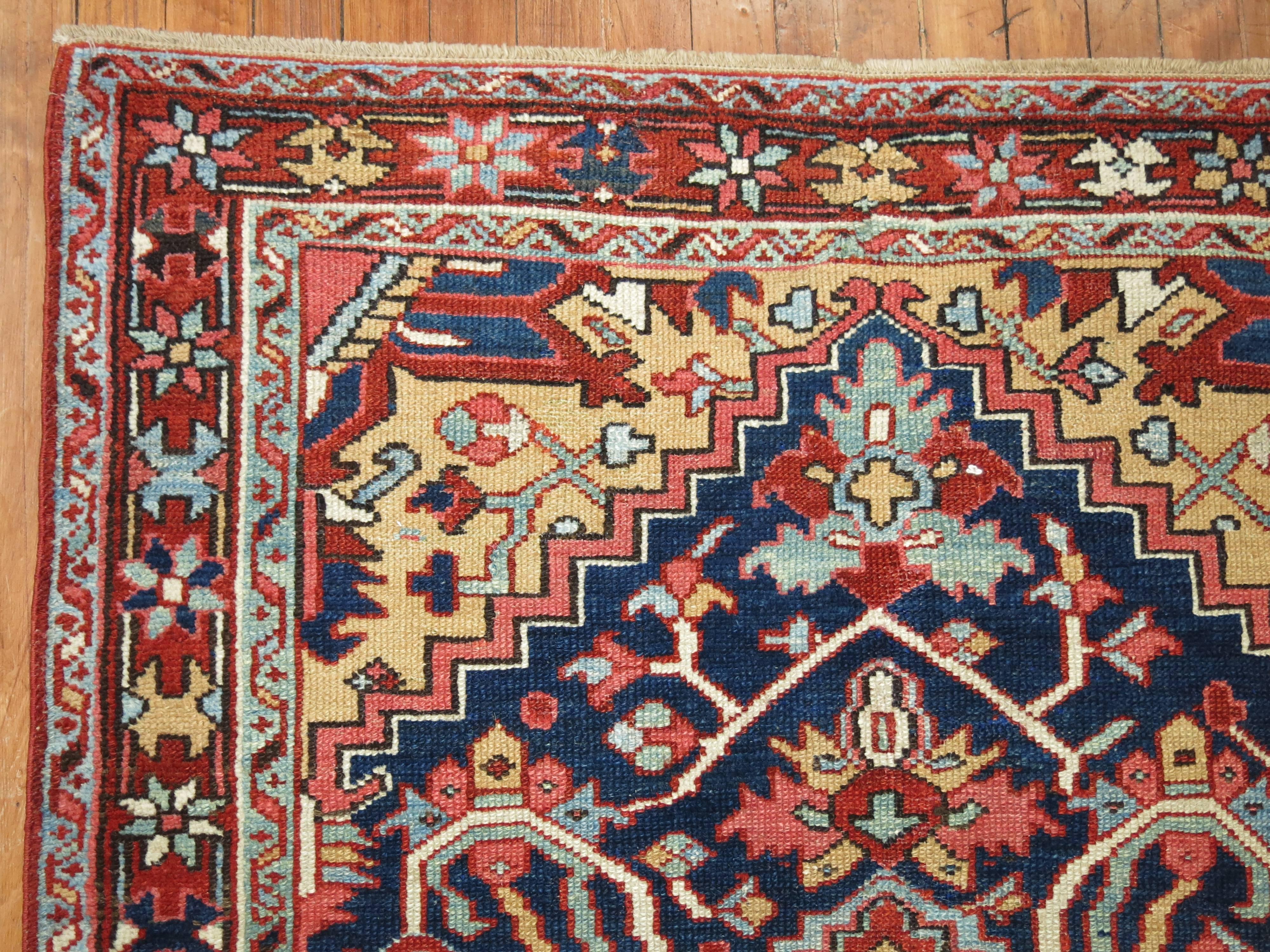 Hand-Knotted Navy Antique Persian Heriz Small Square Size Rug