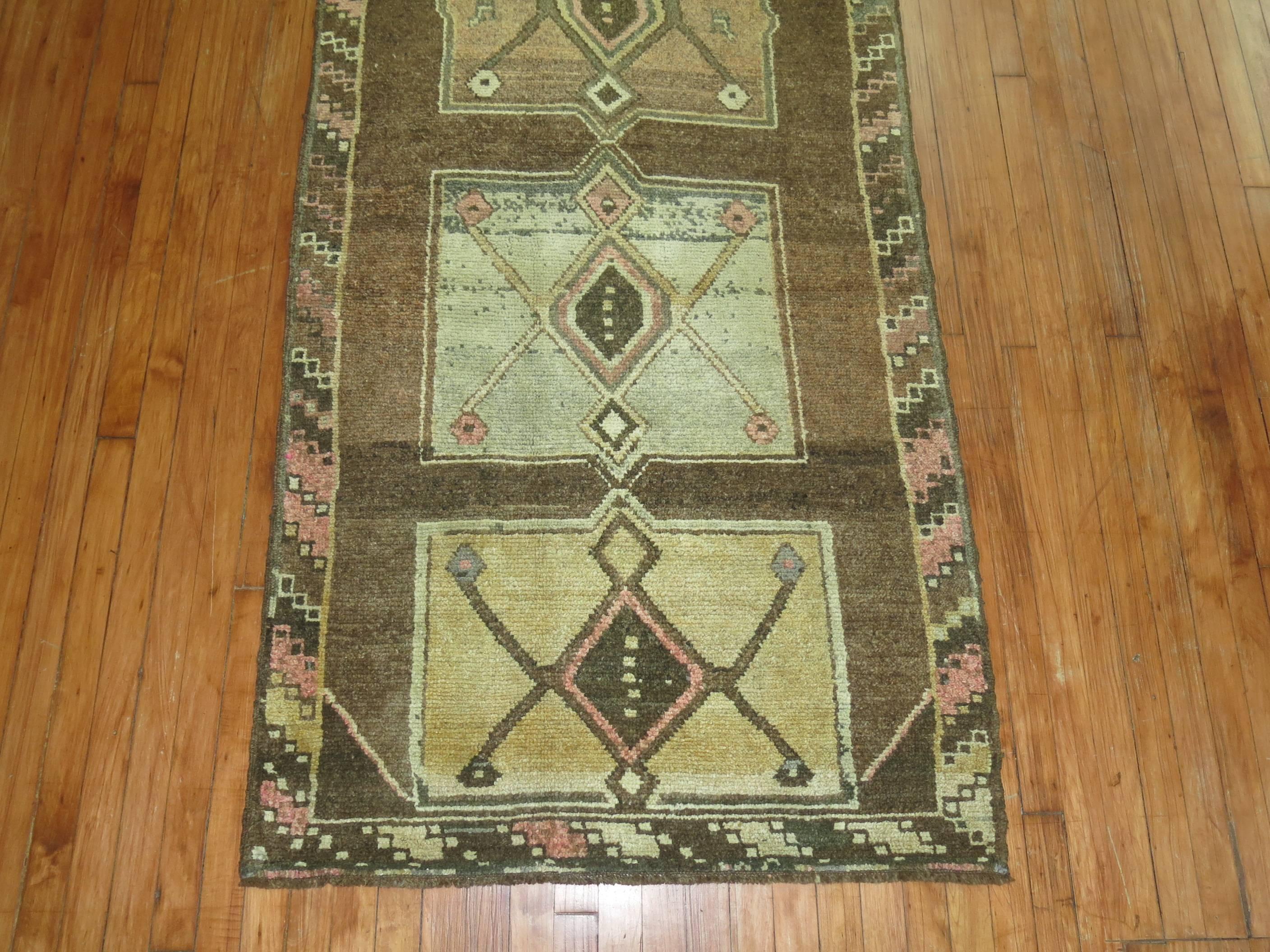 Futurist Zabihi Collection Vintage Turkish Runner in Brown and Pink For Sale