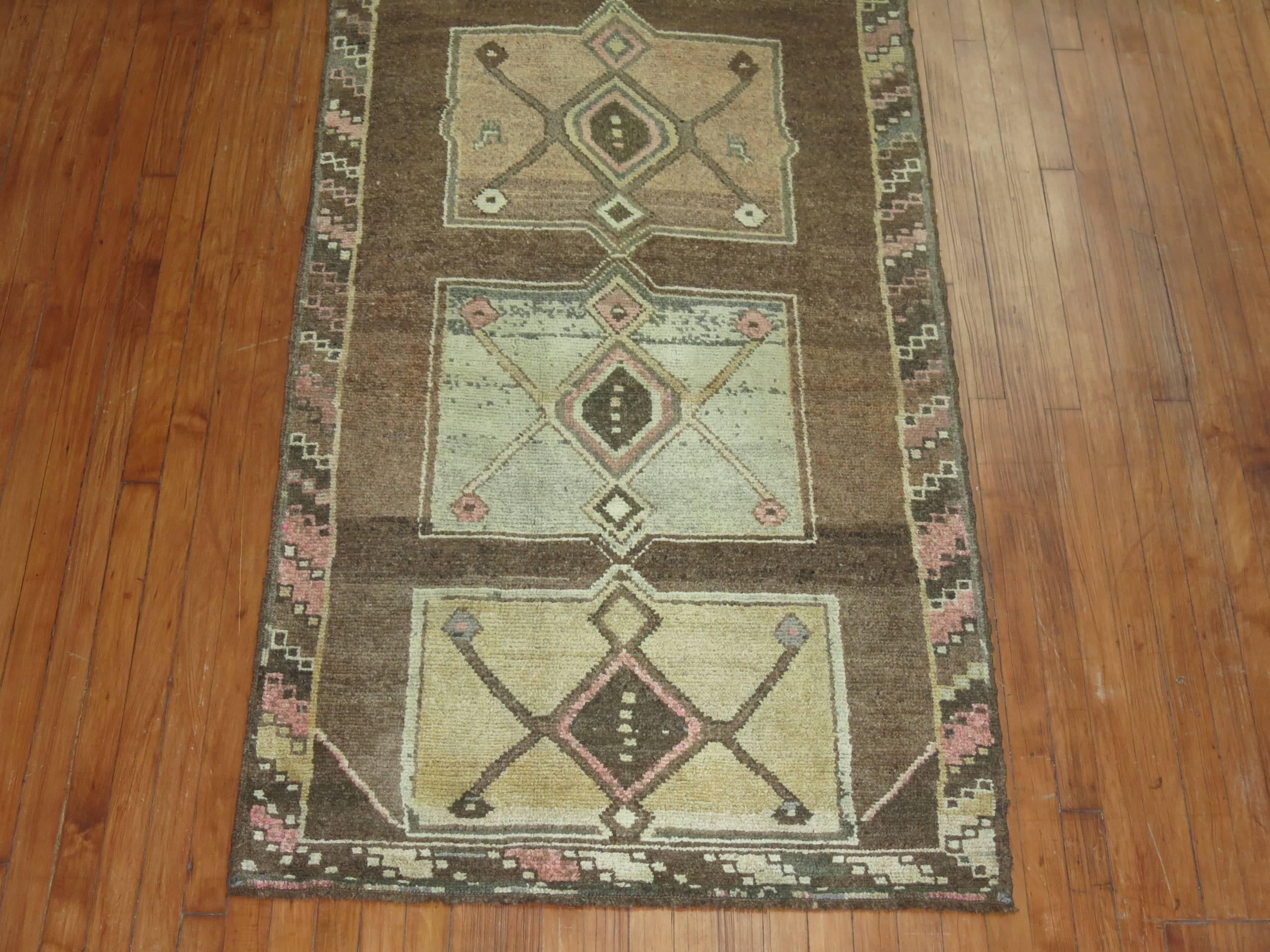 Zabihi Collection Vintage Turkish Runner in Brown and Pink In Good Condition For Sale In New York, NY