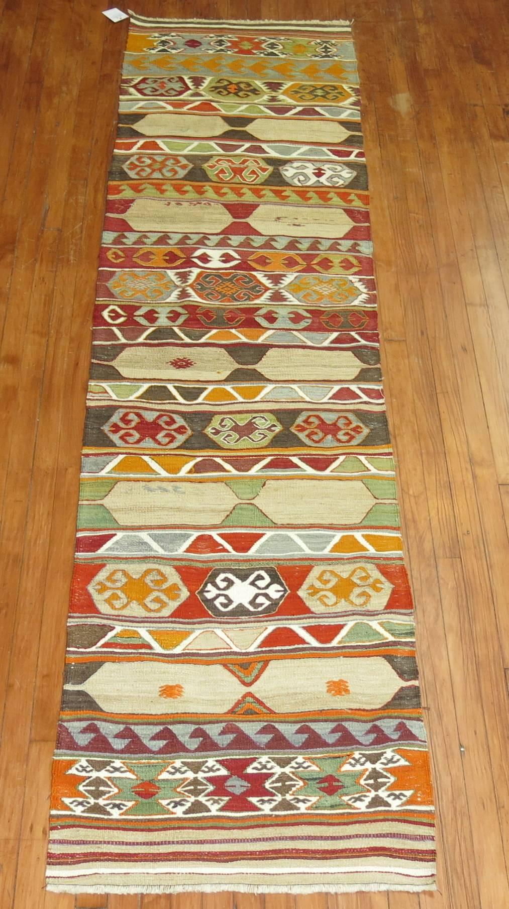 One of a kind, 100 % vegetable dyed authentic Vintage Turkish Kilim runner in bright colors.
