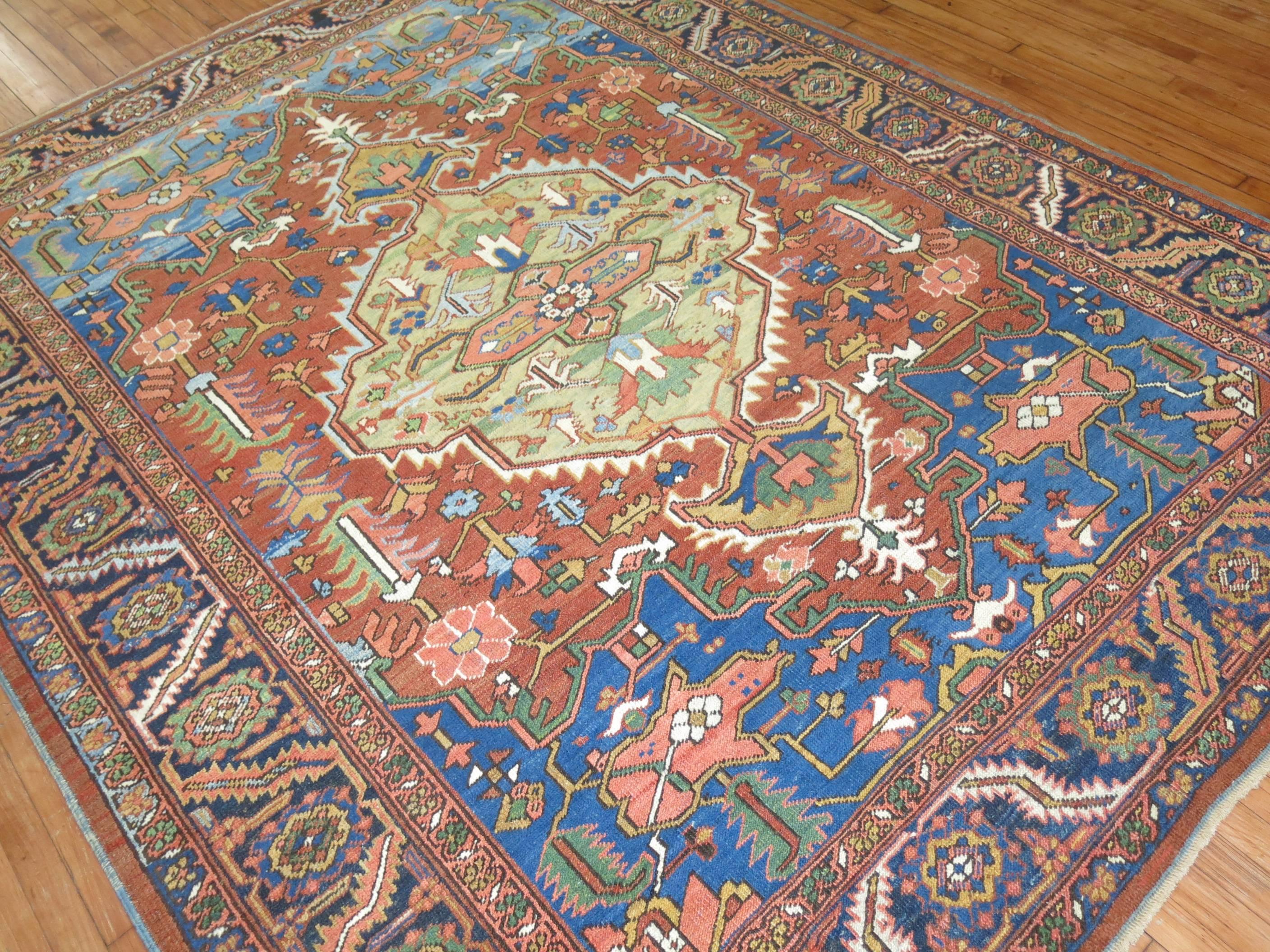 Wool Antique Persian Heriz Green Medallion Carpet