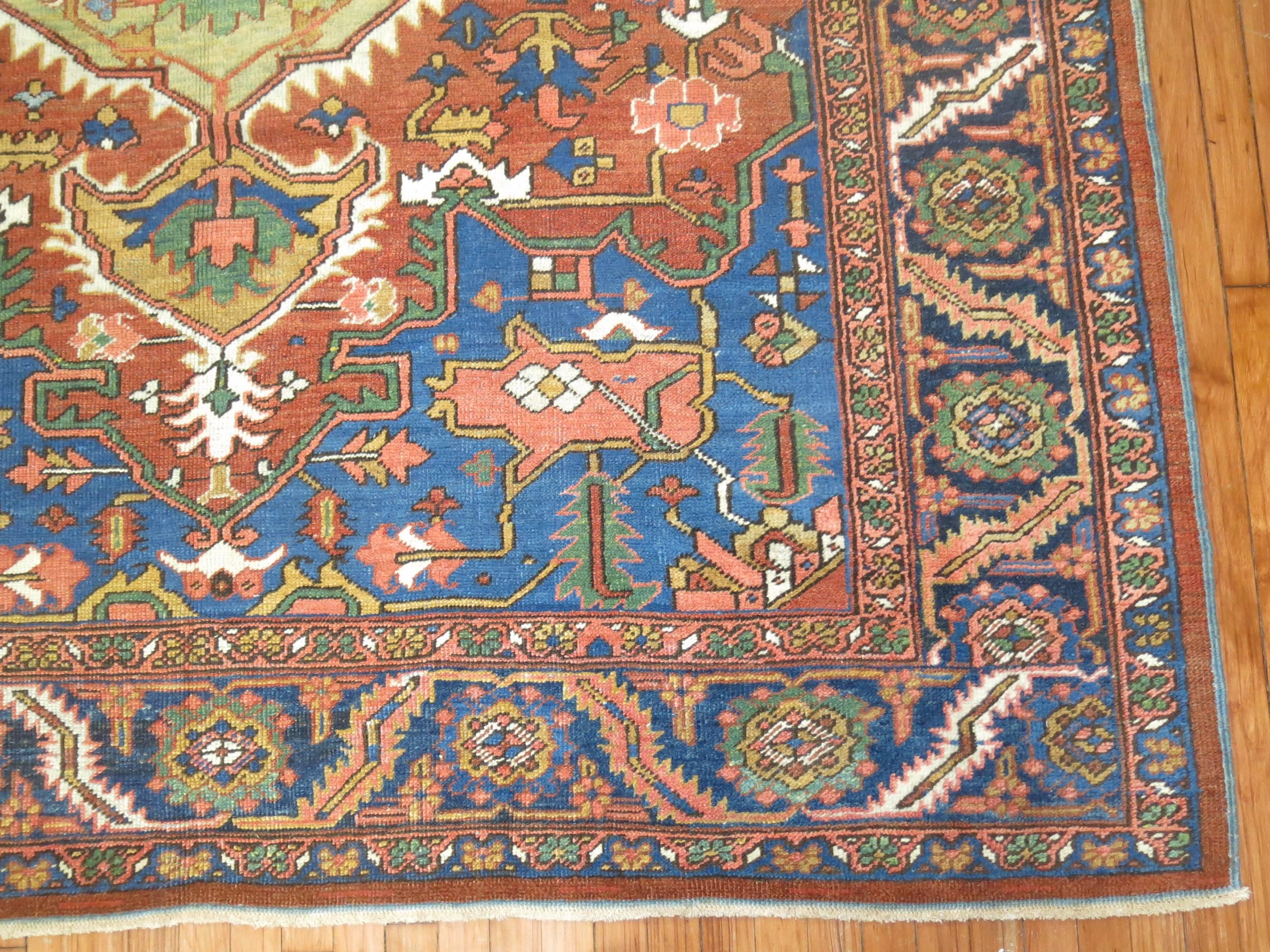 Antique Persian Heriz Green Medallion Carpet 1
