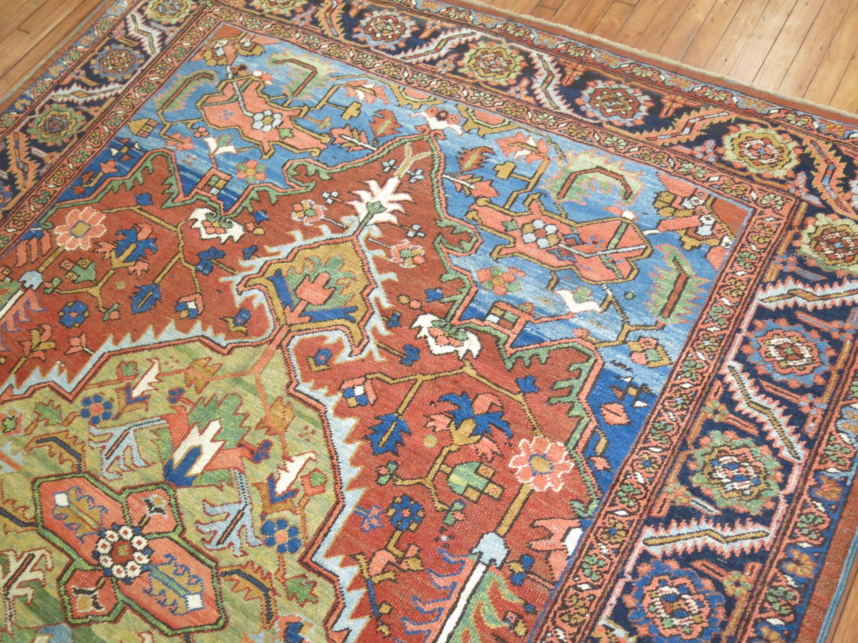 Antique Persian Heriz Green Medallion Carpet 3