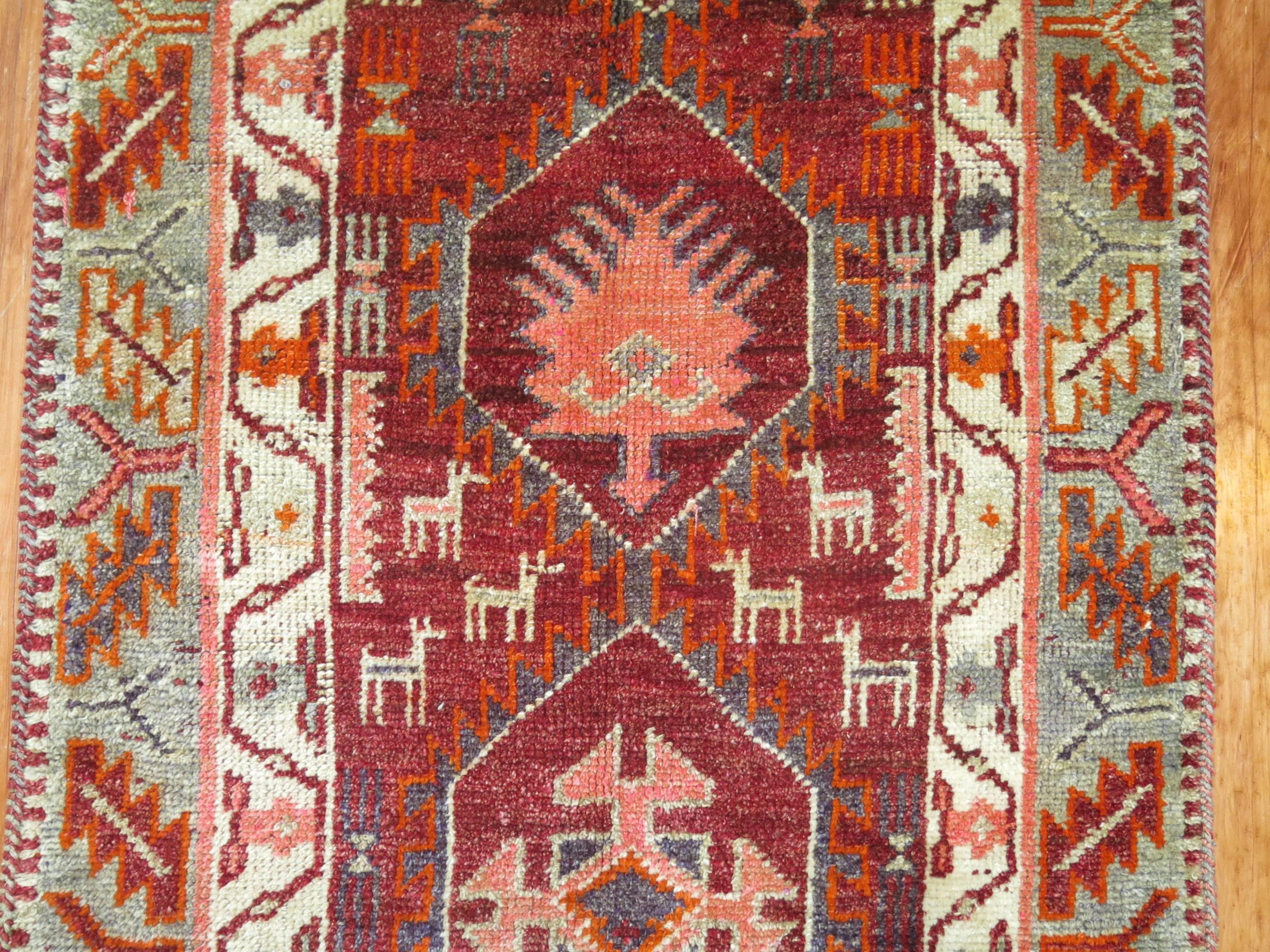 Oushak Brown Burgundy 20th Century Geometric Vintage Armenian Runner For Sale